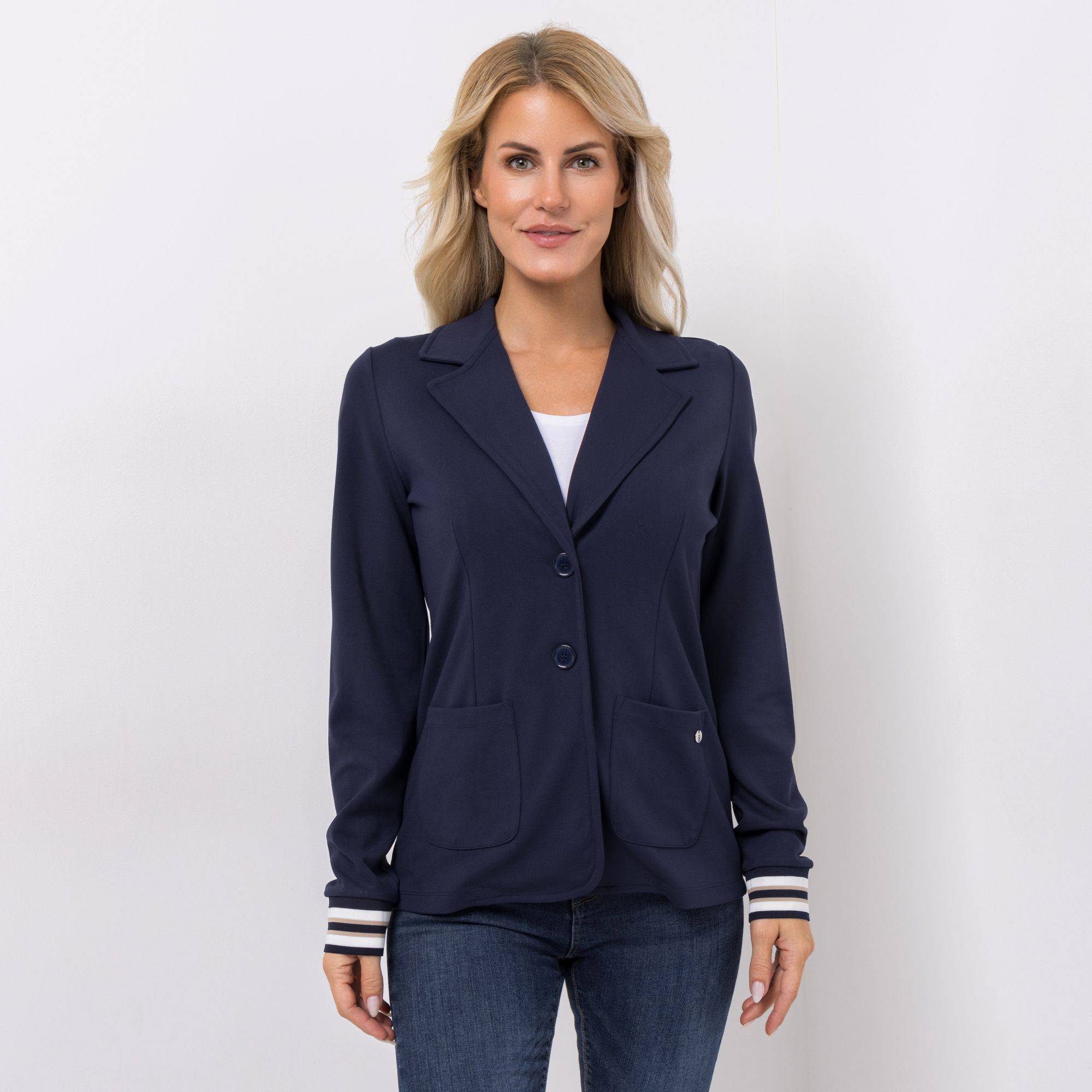 STRANDFEIN Jerseyblazer Reverskragen Leistentaschen figurumspielend