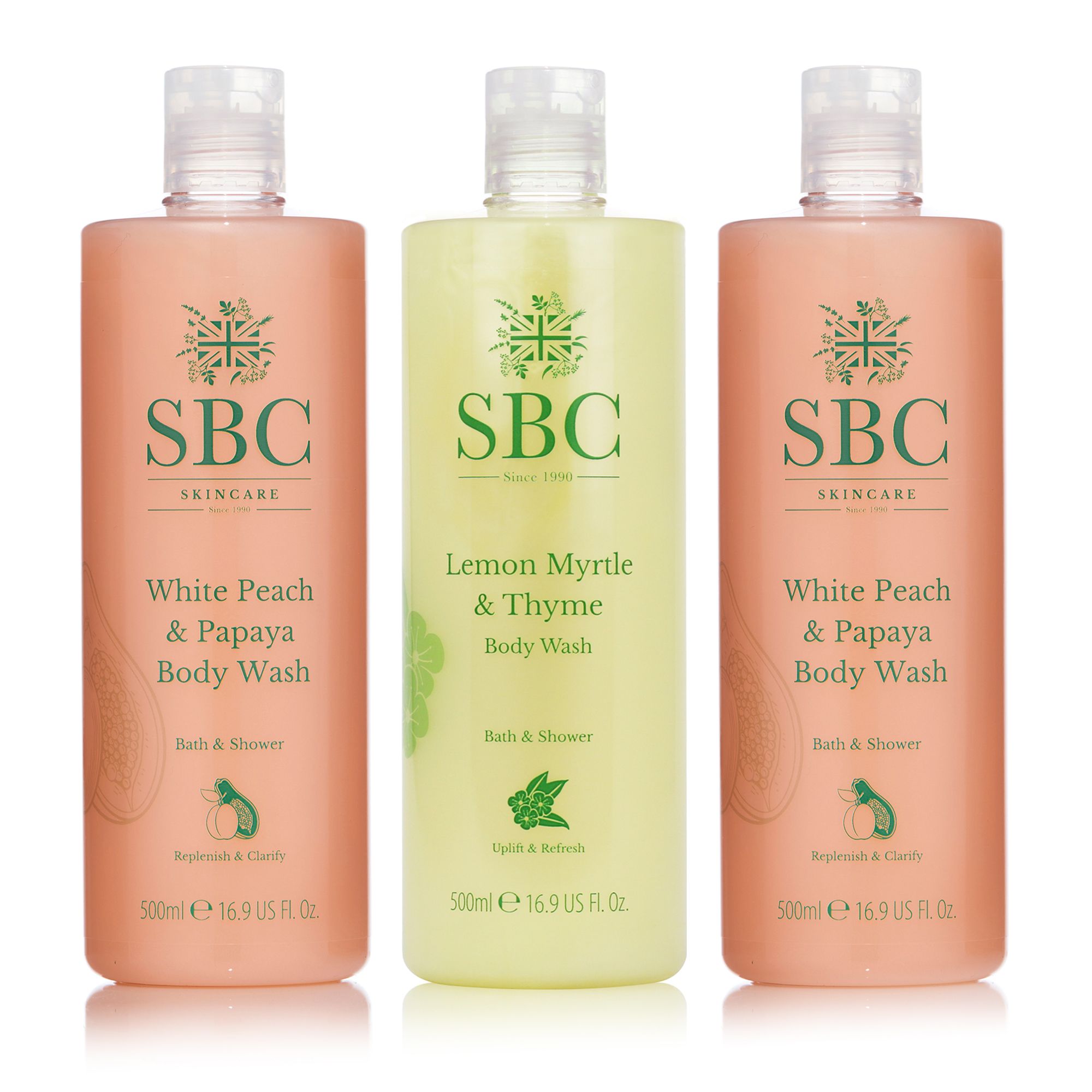 SBC Body Wash Trio White Peach & Papaya 2x 500ml, Lemon Myrtle 500ml