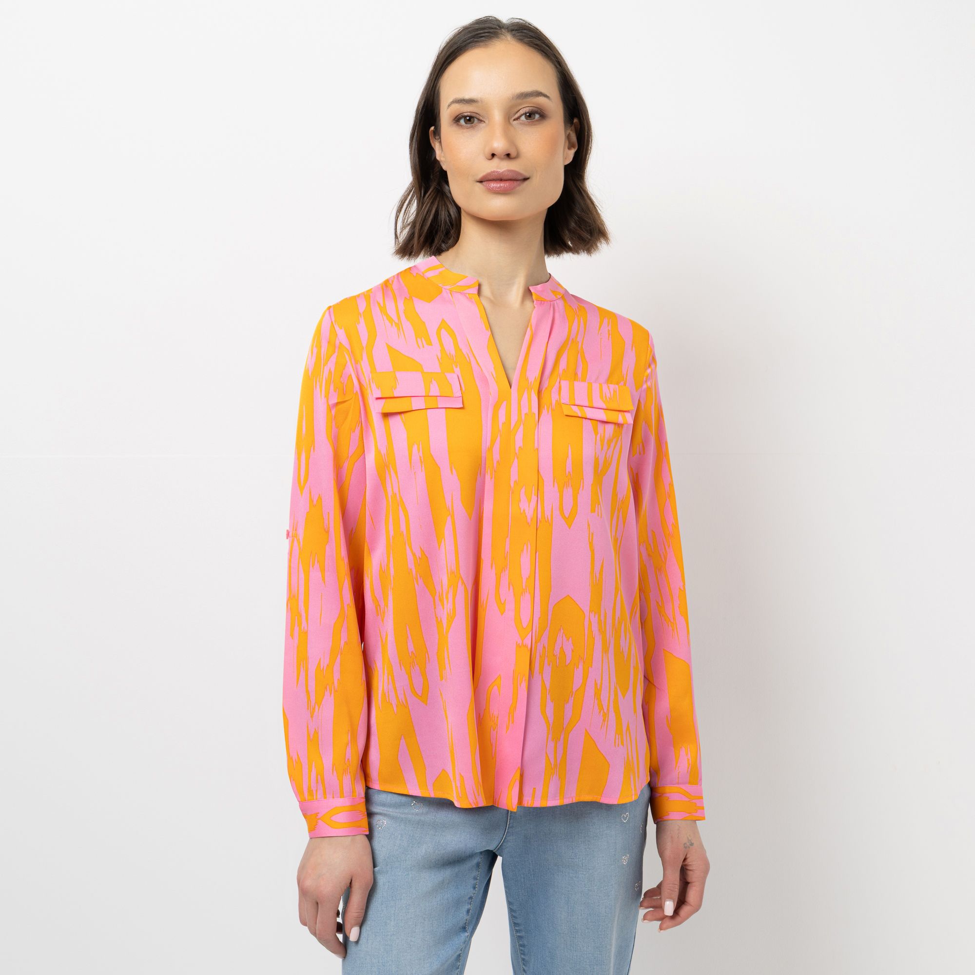 STEFFEN SCHRAUT Bluse Serafino-Ausschnitt Armriegel mit Knopf figurumspielend