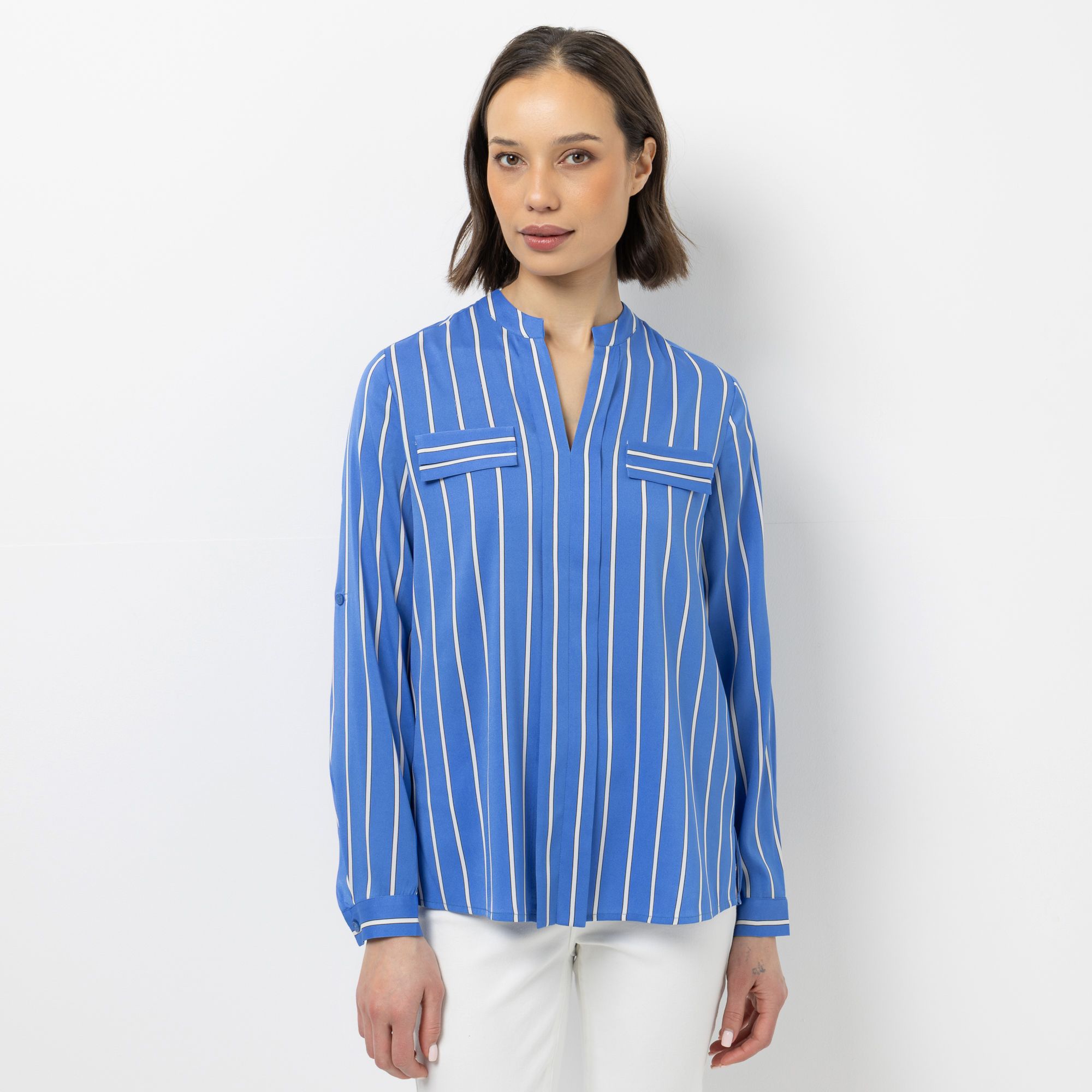 STEFFEN SCHRAUT Bluse Serafino-Ausschnitt Armriegel mit Knopf figurumspielend