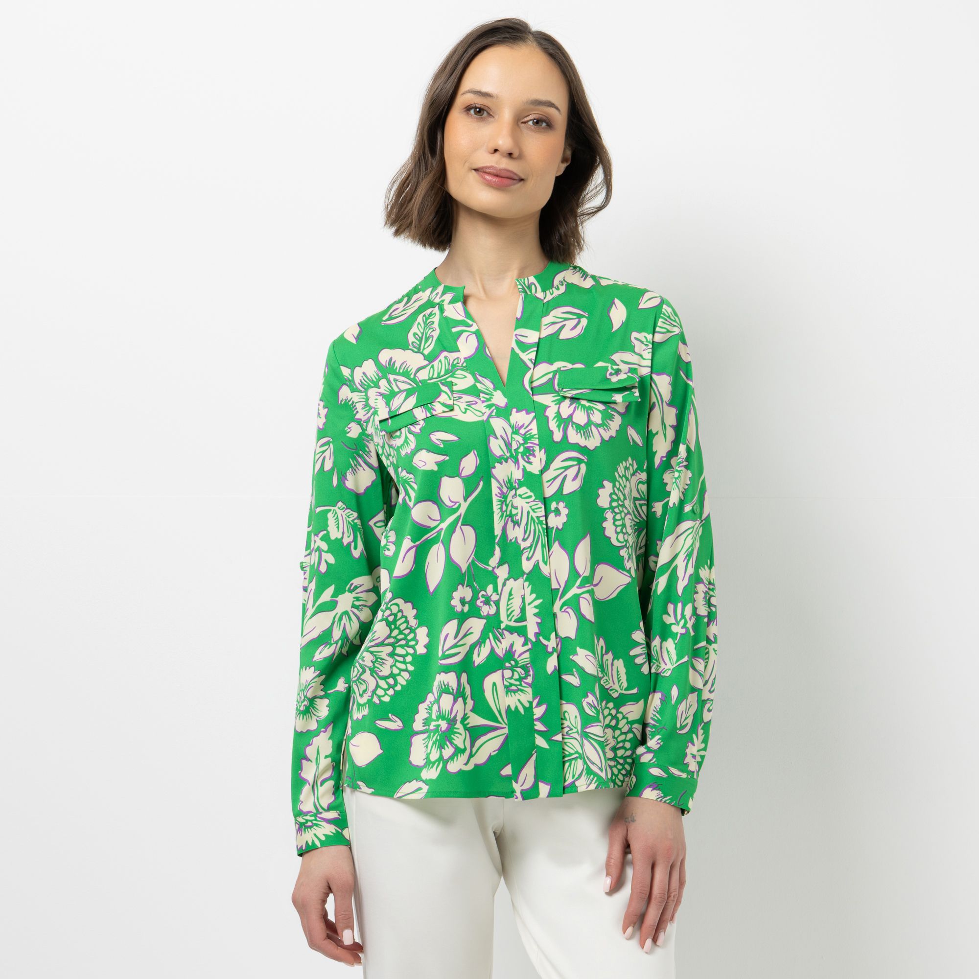 STEFFEN SCHRAUT Bluse Serafino-Ausschnitt Armriegel mit Knopf figurumspielend