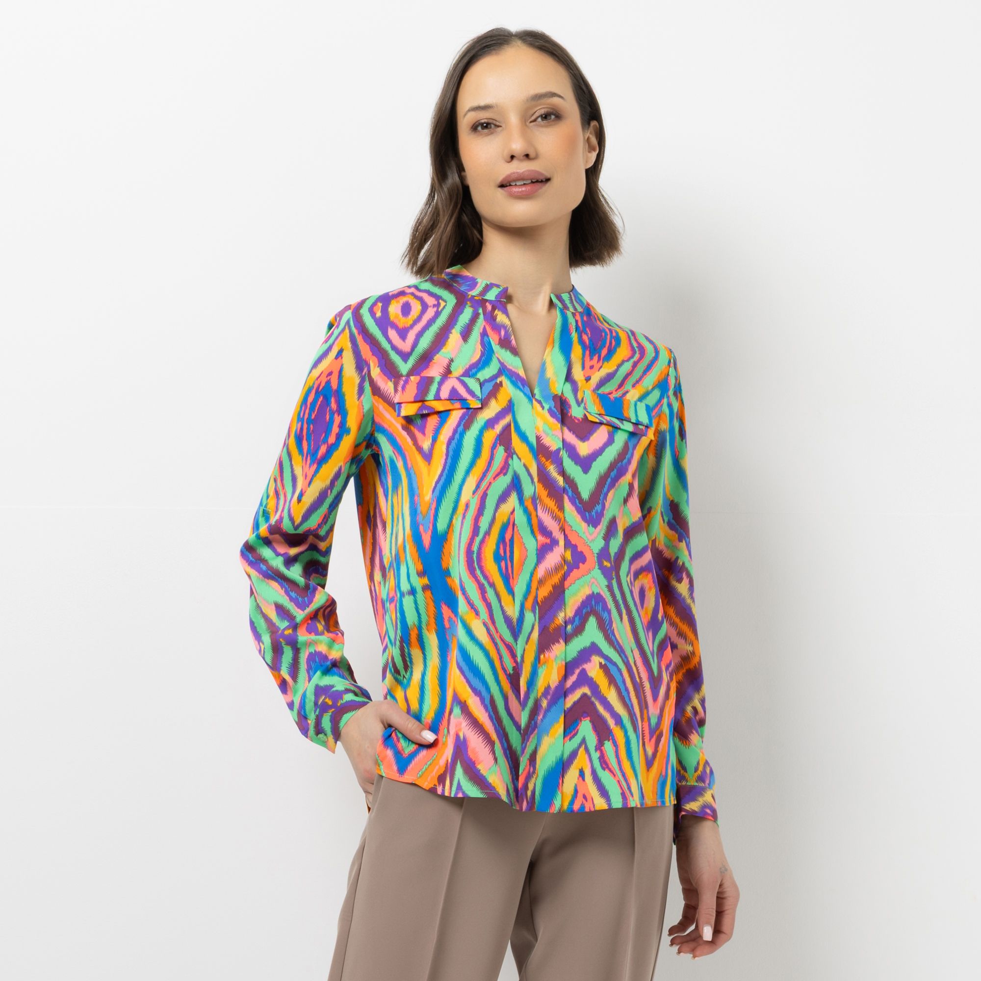 STEFFEN SCHRAUT Bluse Serafino-Ausschnitt Armriegel mit Knopf figurumspielend