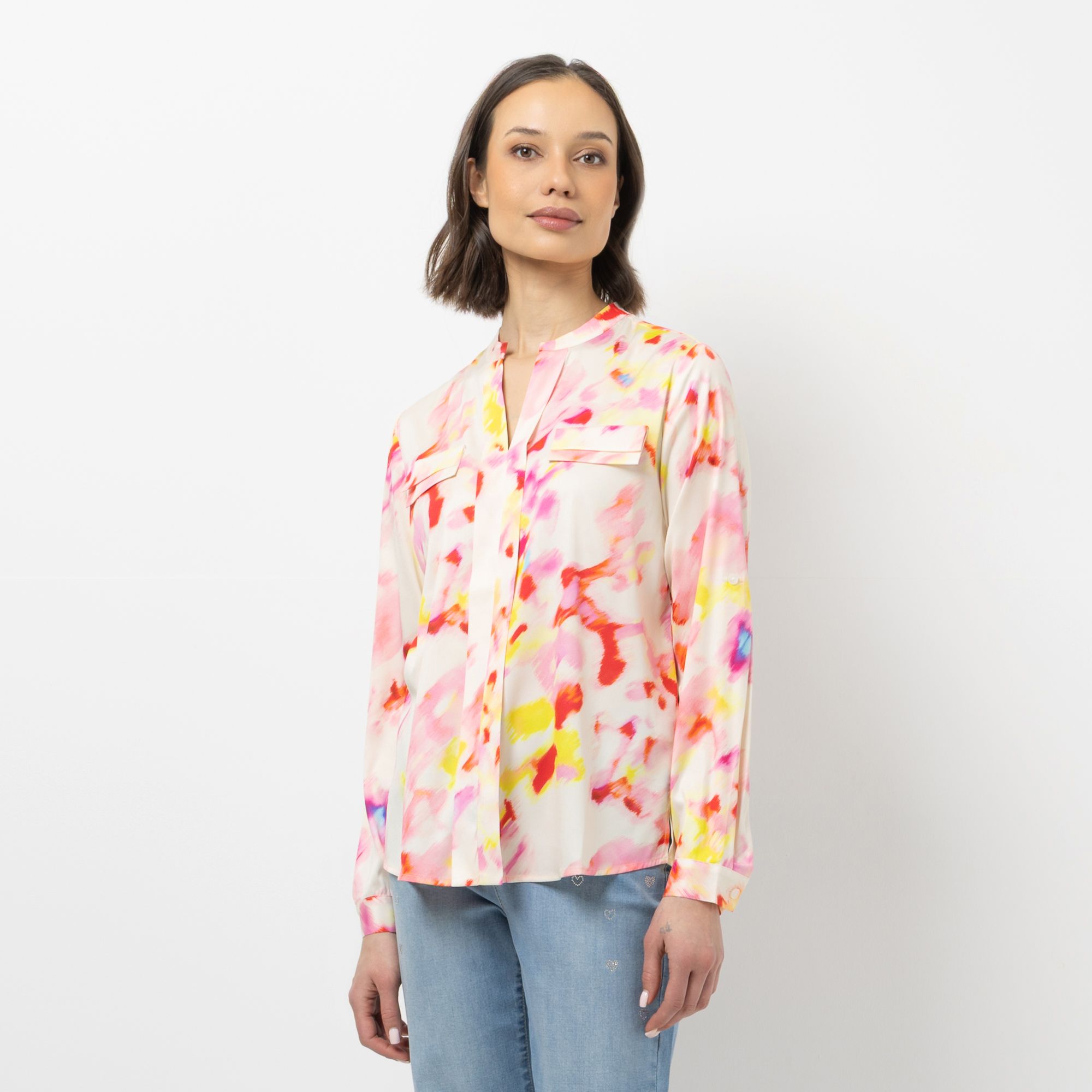 STEFFEN SCHRAUT Bluse Serafino-Ausschnitt Armriegel mit Knopf figurumspielend