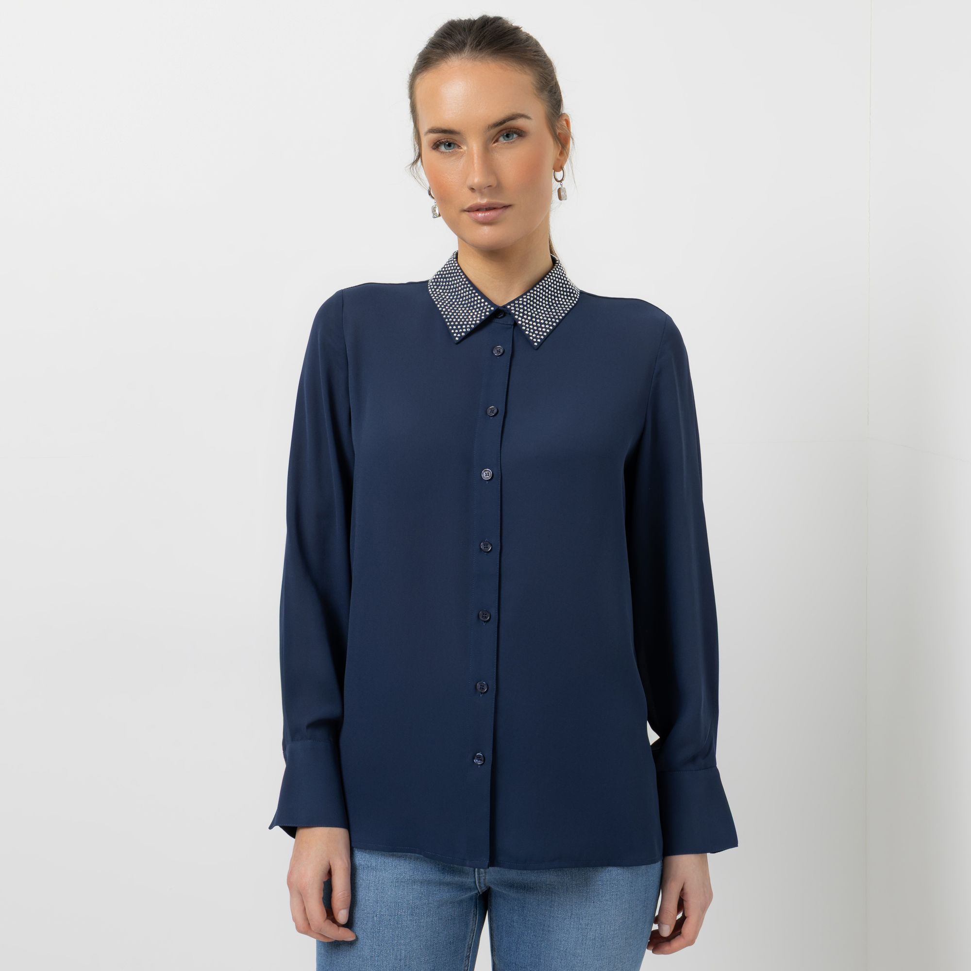 STEFFEN SCHRAUT Bluse, langarm Hemdblusenkragen Schmucksteine leger weit