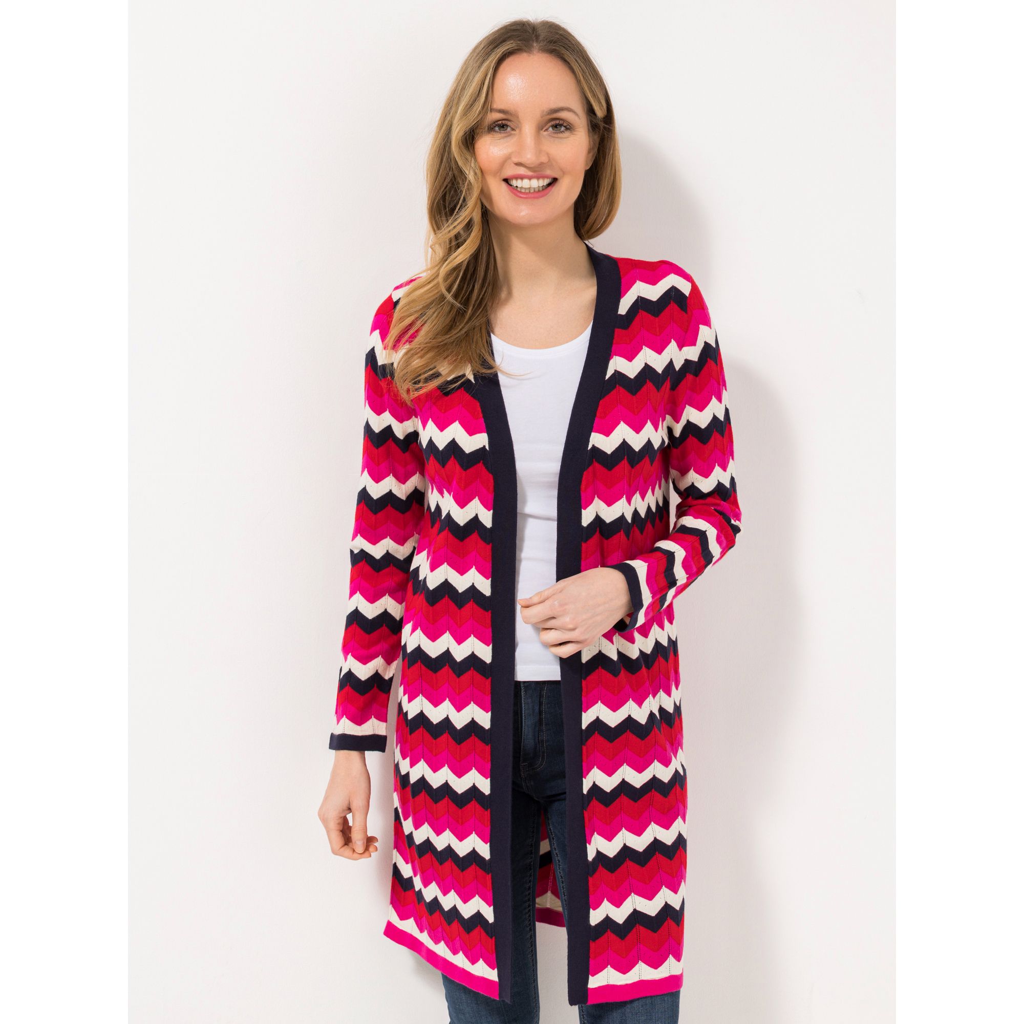 ANNI FOR FRIENDS Longcardigan, 1/1-Arm offene Front Kontraststreifen figurumspielend