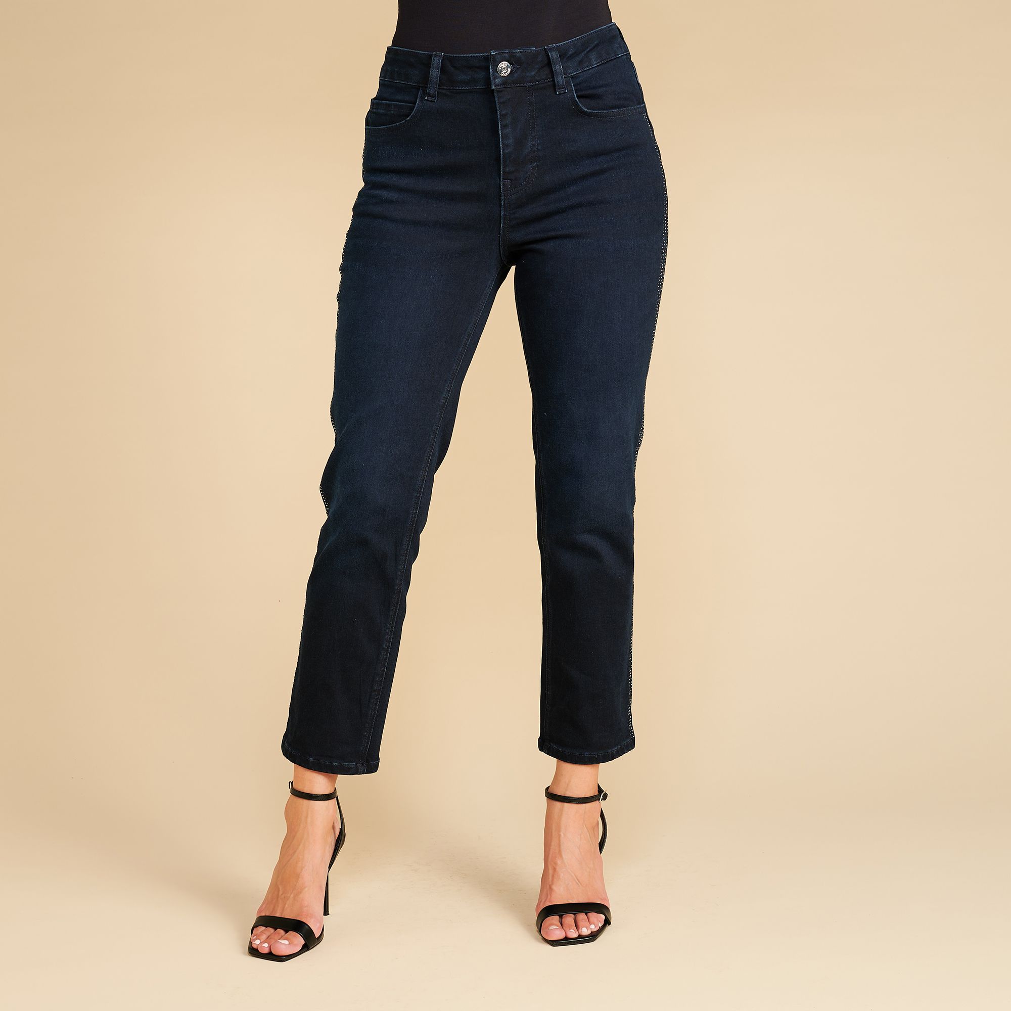 SCHIFFHAUER MUNICH® Jeans, 7/8 Länge Eingriffstaschen Galonstreifen Strass gerades Bein