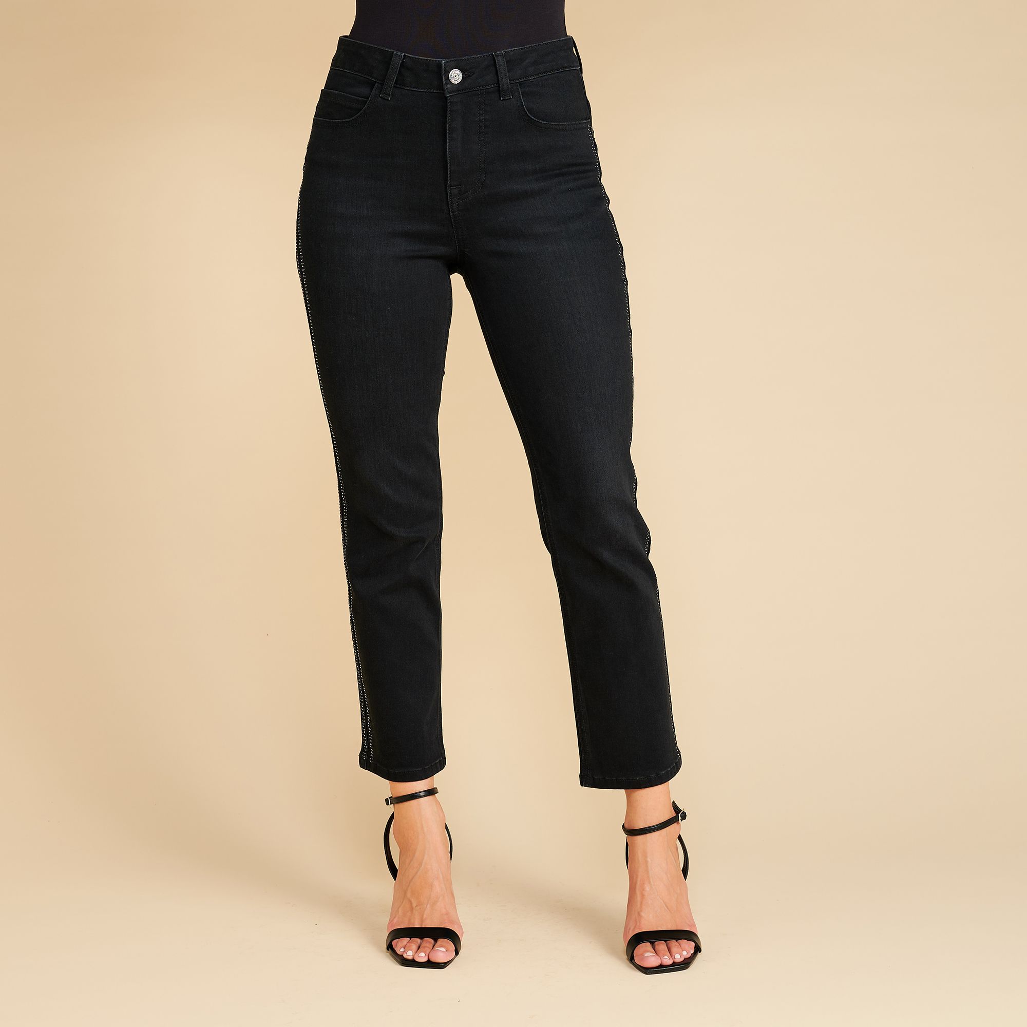 SCHIFFHAUER MUNICH® Jeans, 7/8 Länge Eingriffstaschen Galonstreifen Strass gerades Bein