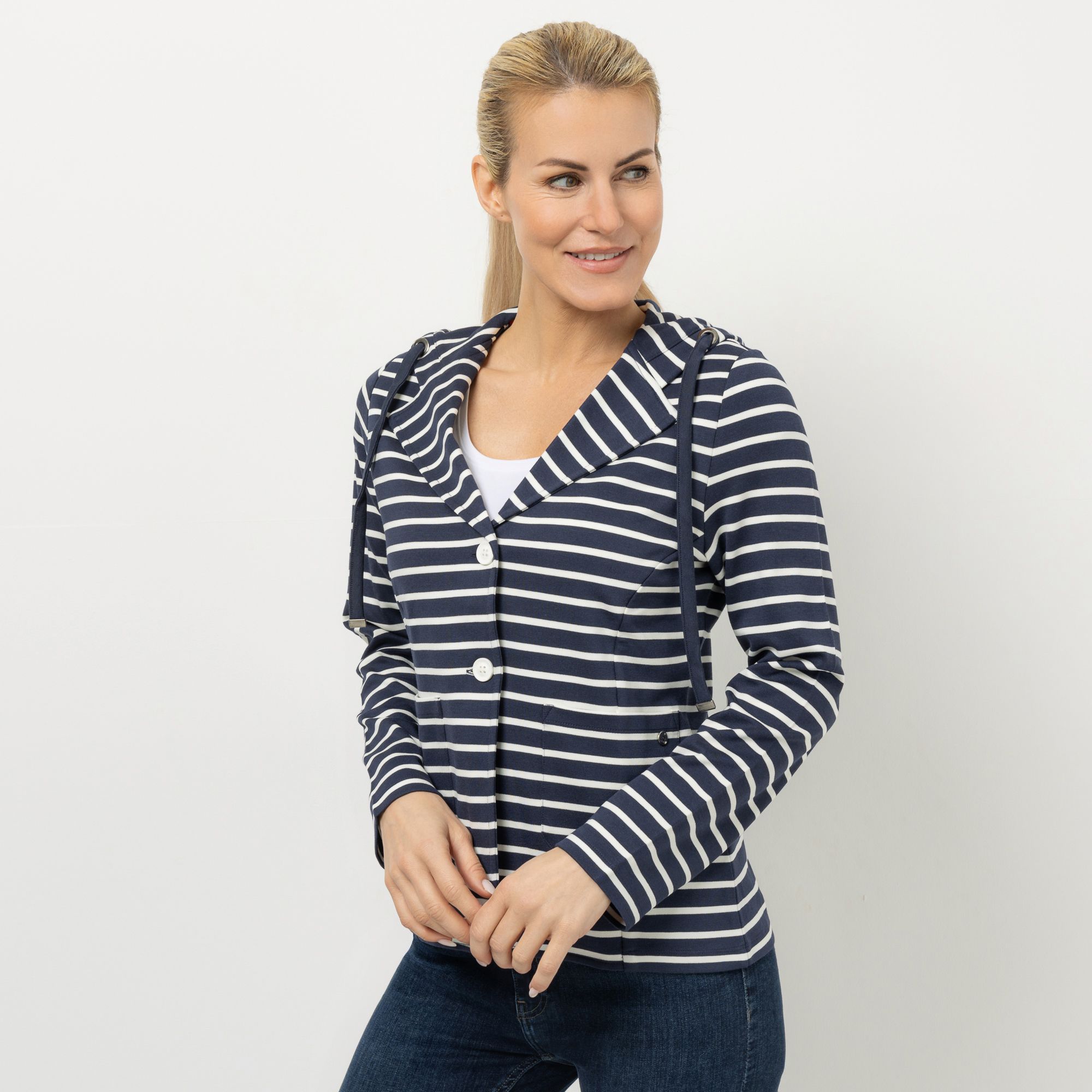 STRANDFEIN Sweatblazer Reverskragen Kapuze figurumspielend