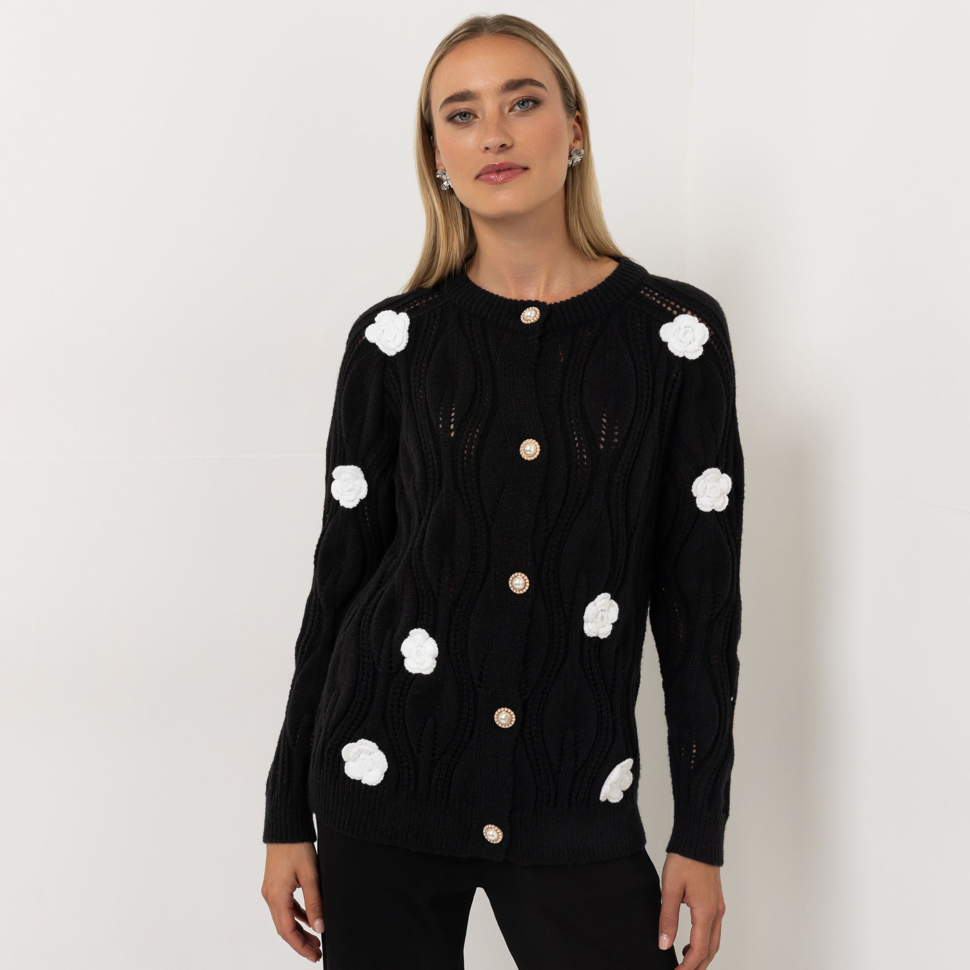 STEFFEN SCHRAUT Strickjacke aufgesetzte Rosen Schmuckknöpfe figurumspielend