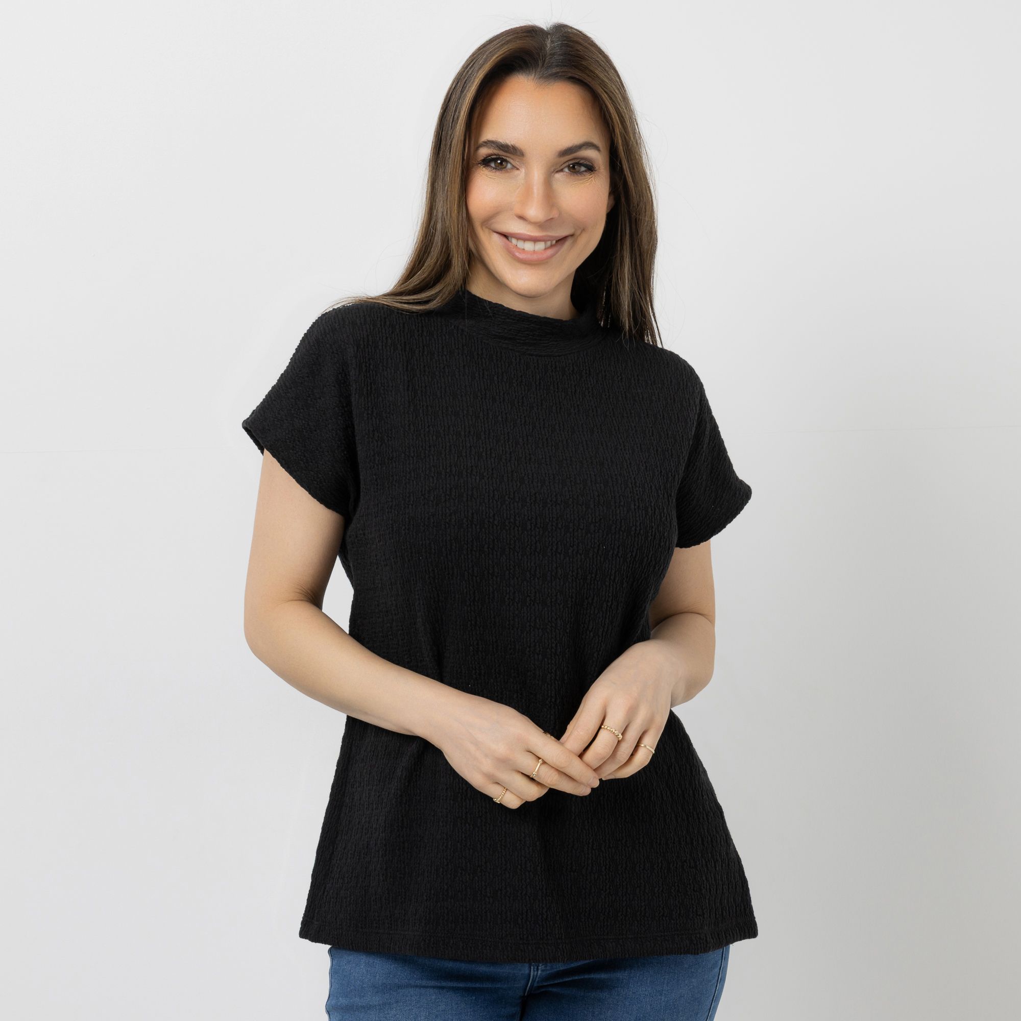 KIM & CO. Shirt, 1/2-Arm Seersucker-Jersey Stehkragen figurumspielend