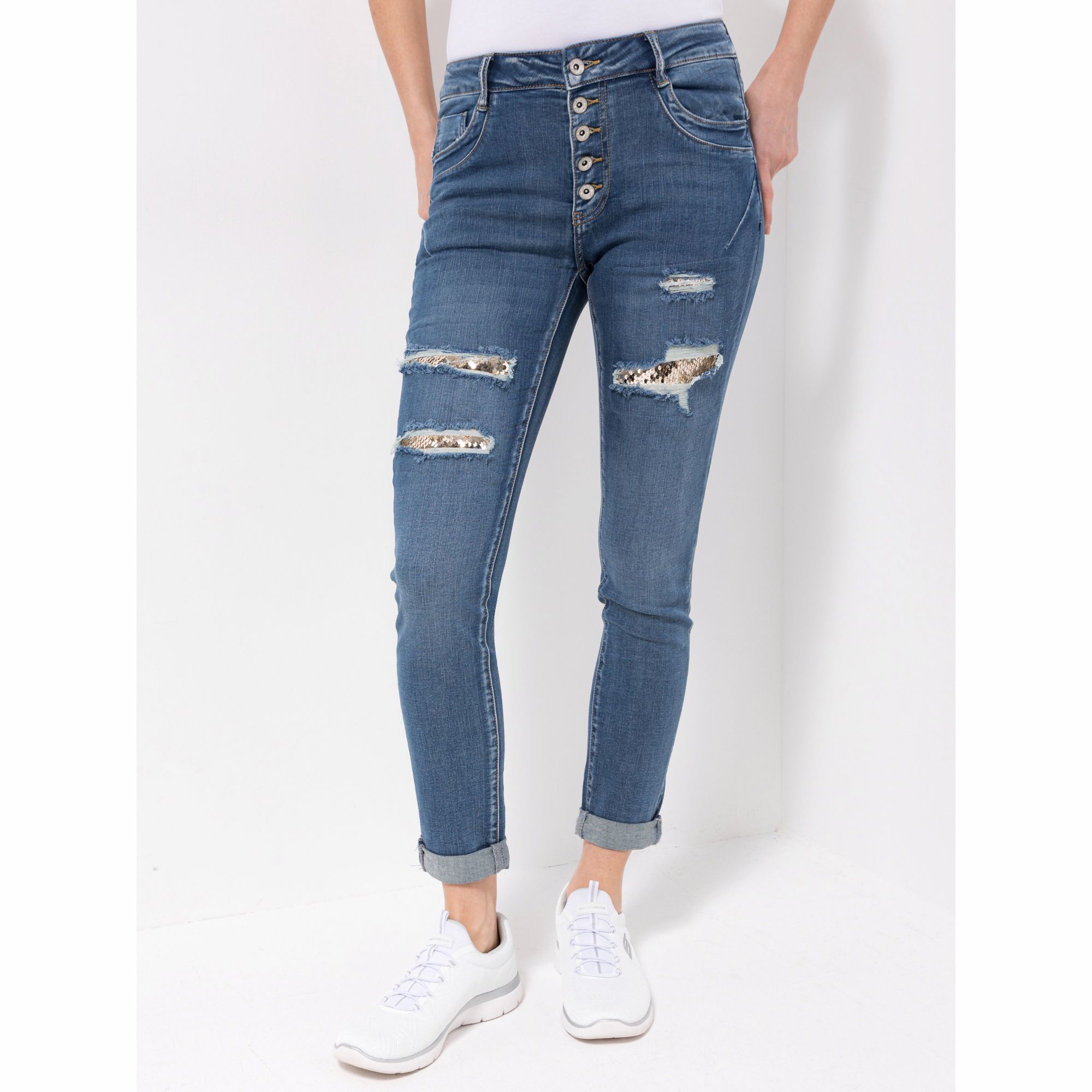 DINE 'N' DANCE Jeanshose 5-Pocket-Style Pailettendetail schmales Bein
