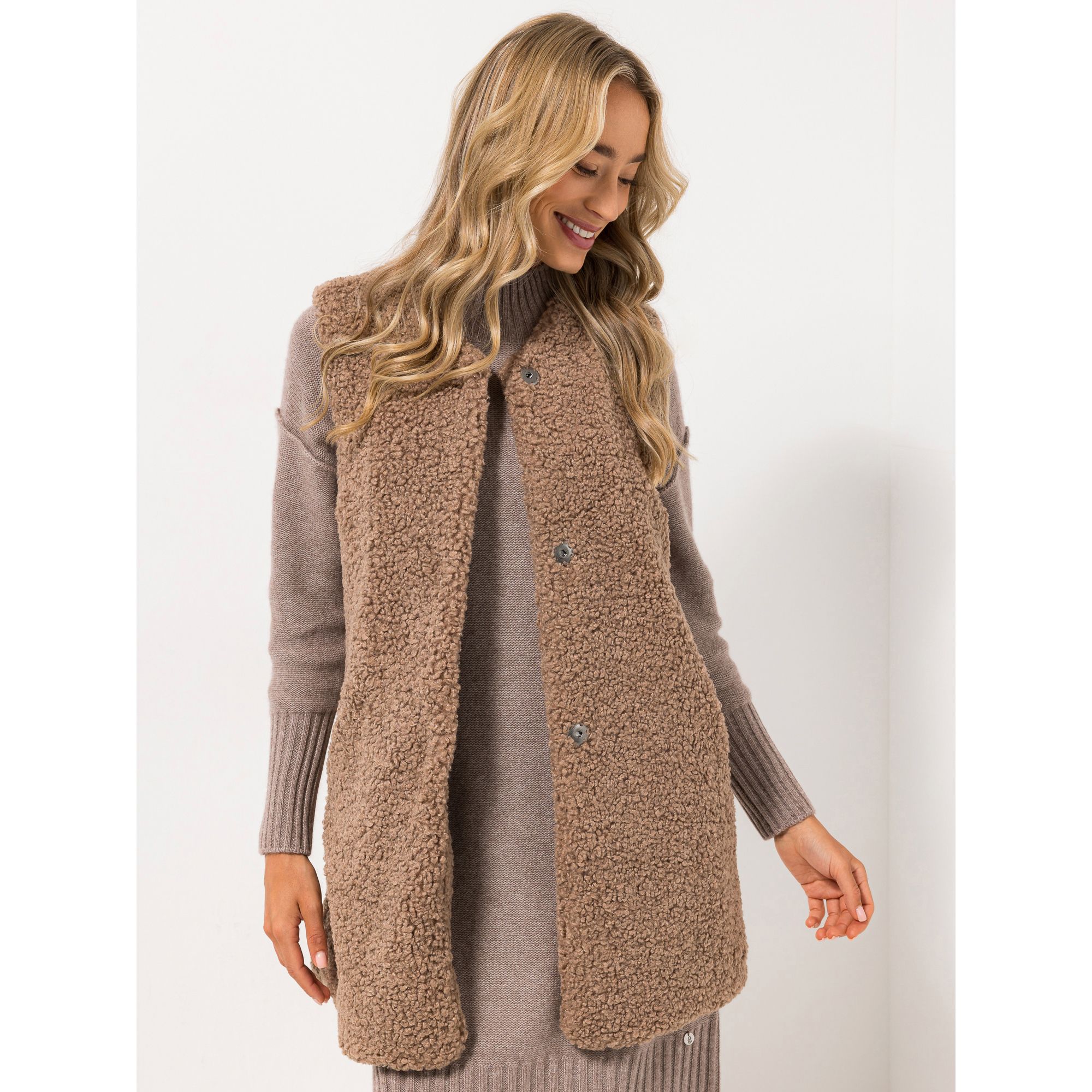 STRANDFEIN Weste lange Form Teddy-Look verdeckte Knopfleiste