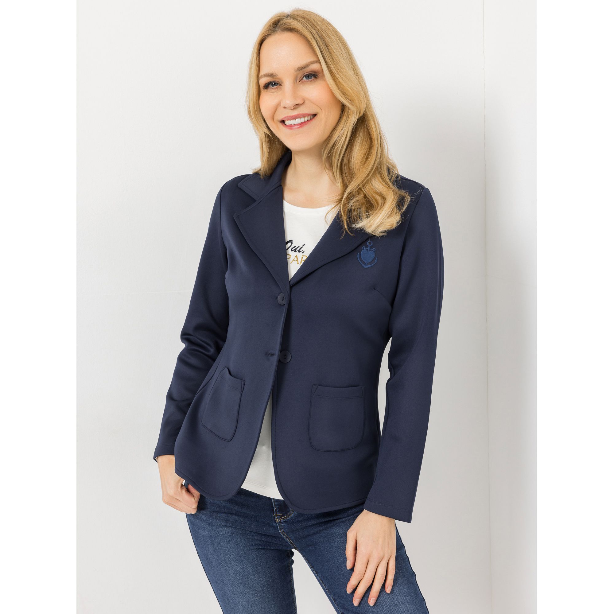 STRANDFEIN Sweat-Blazer Reverskragen tonale Stickerei legere Passform