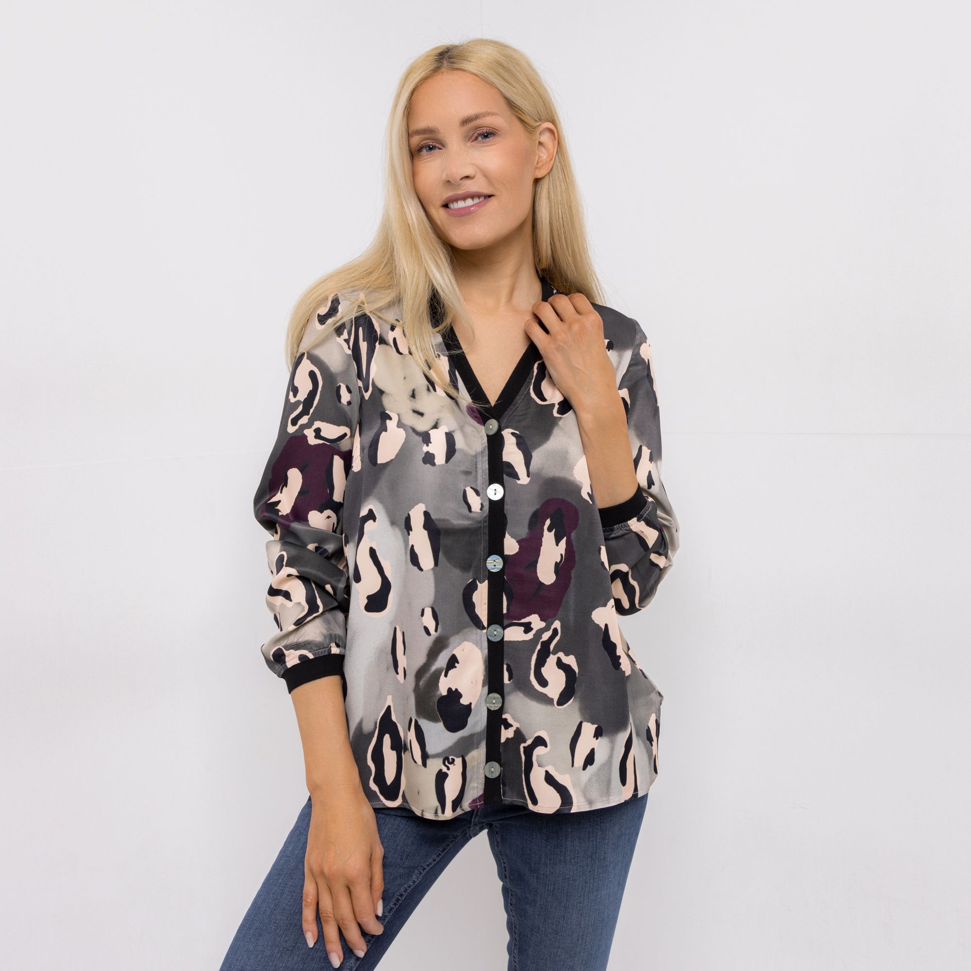 DINE 'N' DANCE Bluse, 1/1-Arm V-Ausschnitt Knopfleiste leger weit