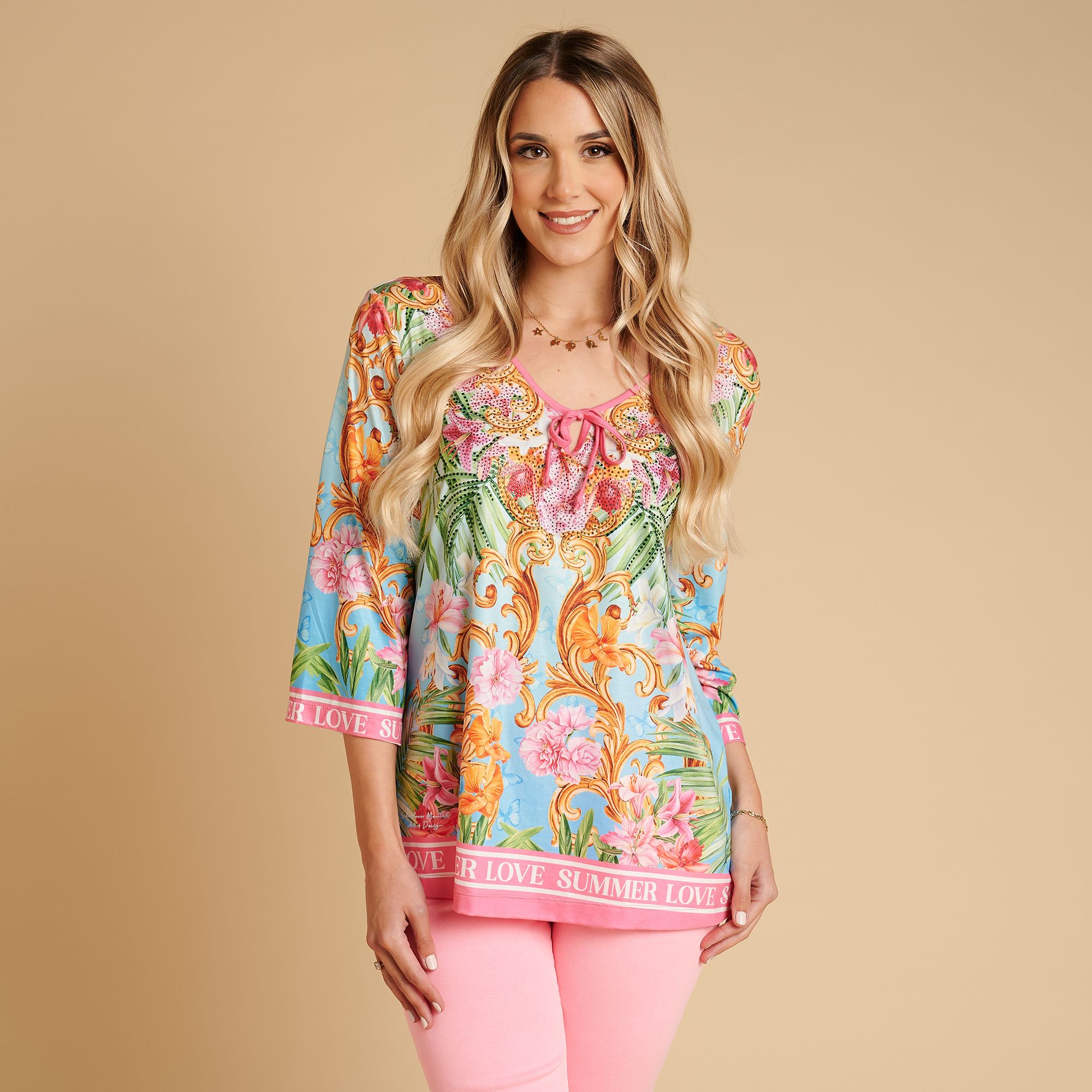 SCHIFFHAUER MUNICH® Shirt, 3/4 Arm V-Ausschnitt Strasssteinbesatz figurumspielend