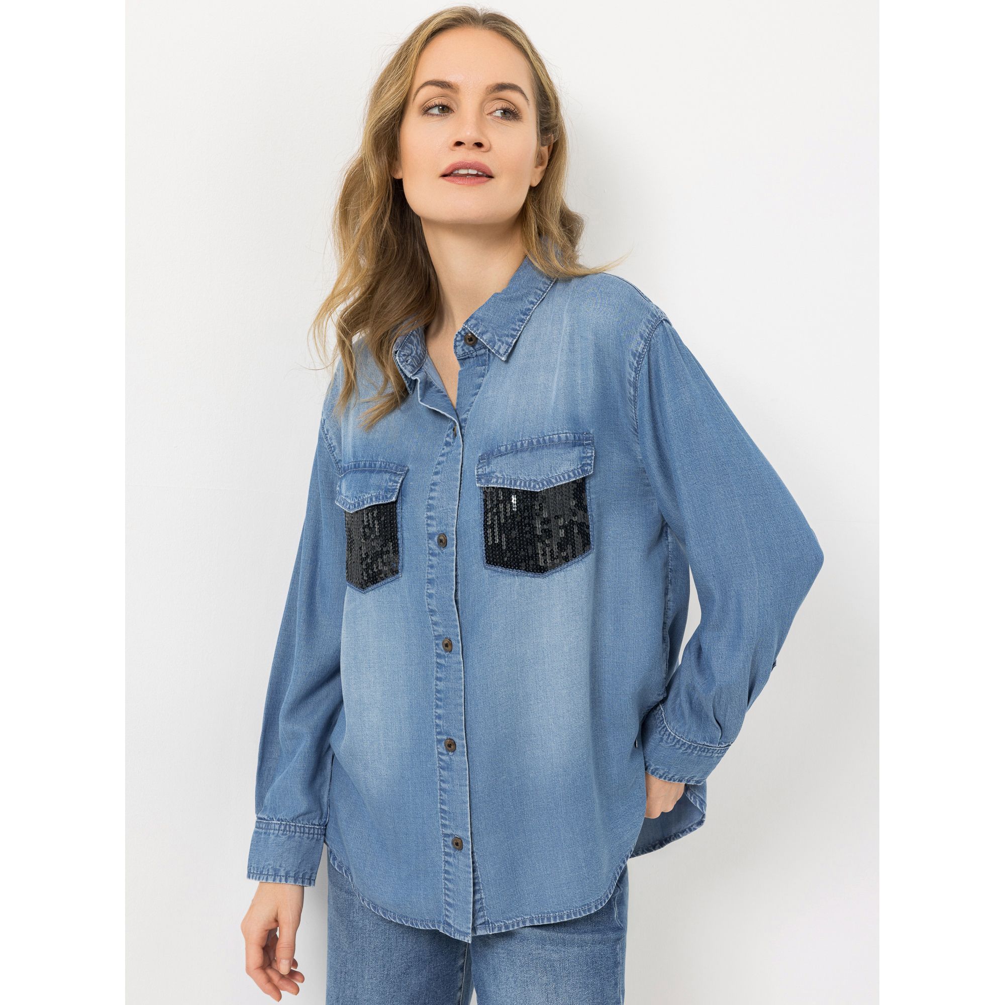 STRANDFEIN Bluse Denim-Optik Brusttaschen mit Pailletten