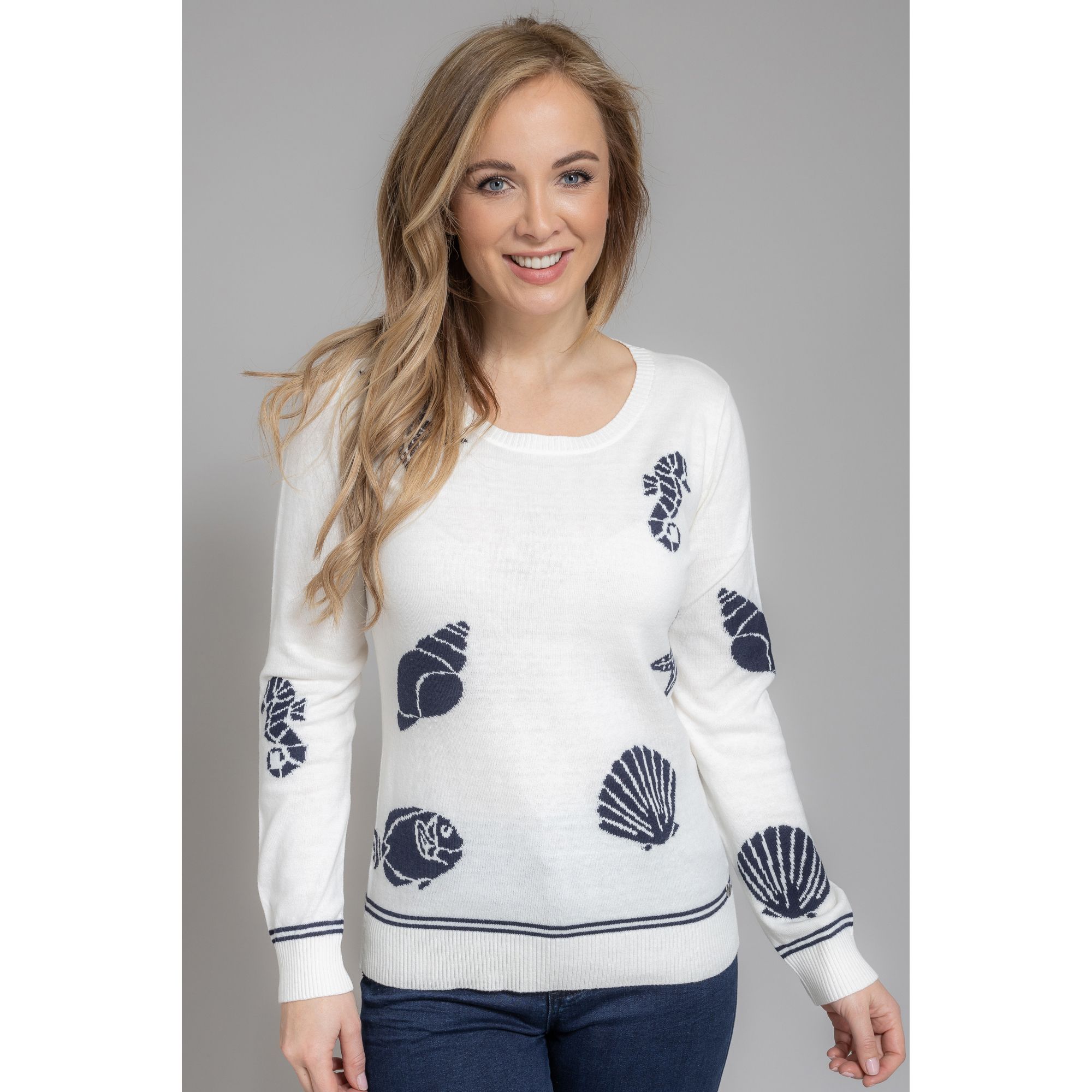 Strandfein Pullover 1 Arm Rundhalsausschnitt Motiv Intarsien Figurbetont Eng Qvc De 