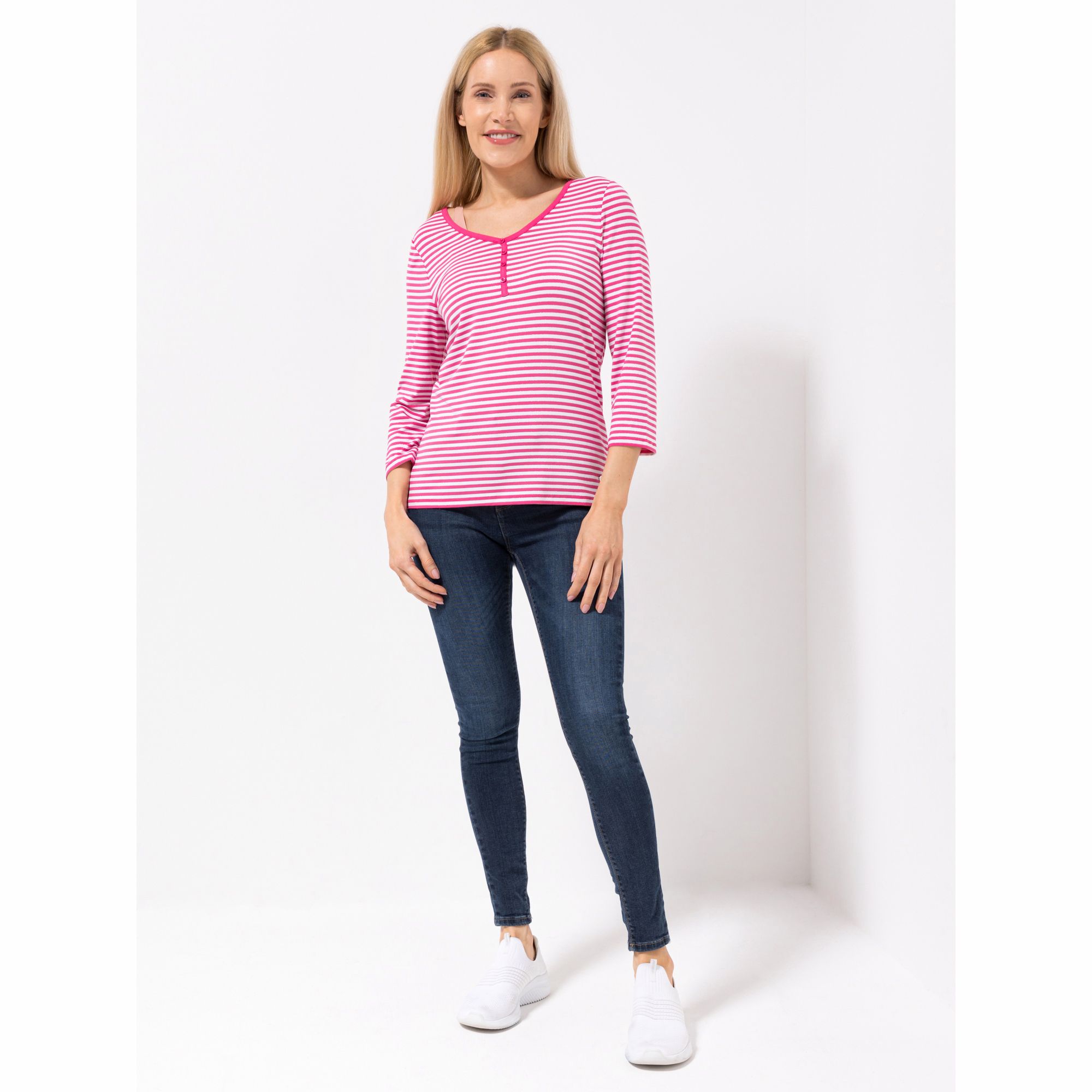 EVA LUTZ Shirt, 3/4-Arm V-Ausschnitt mit Kontrastpaspel figurumspielend