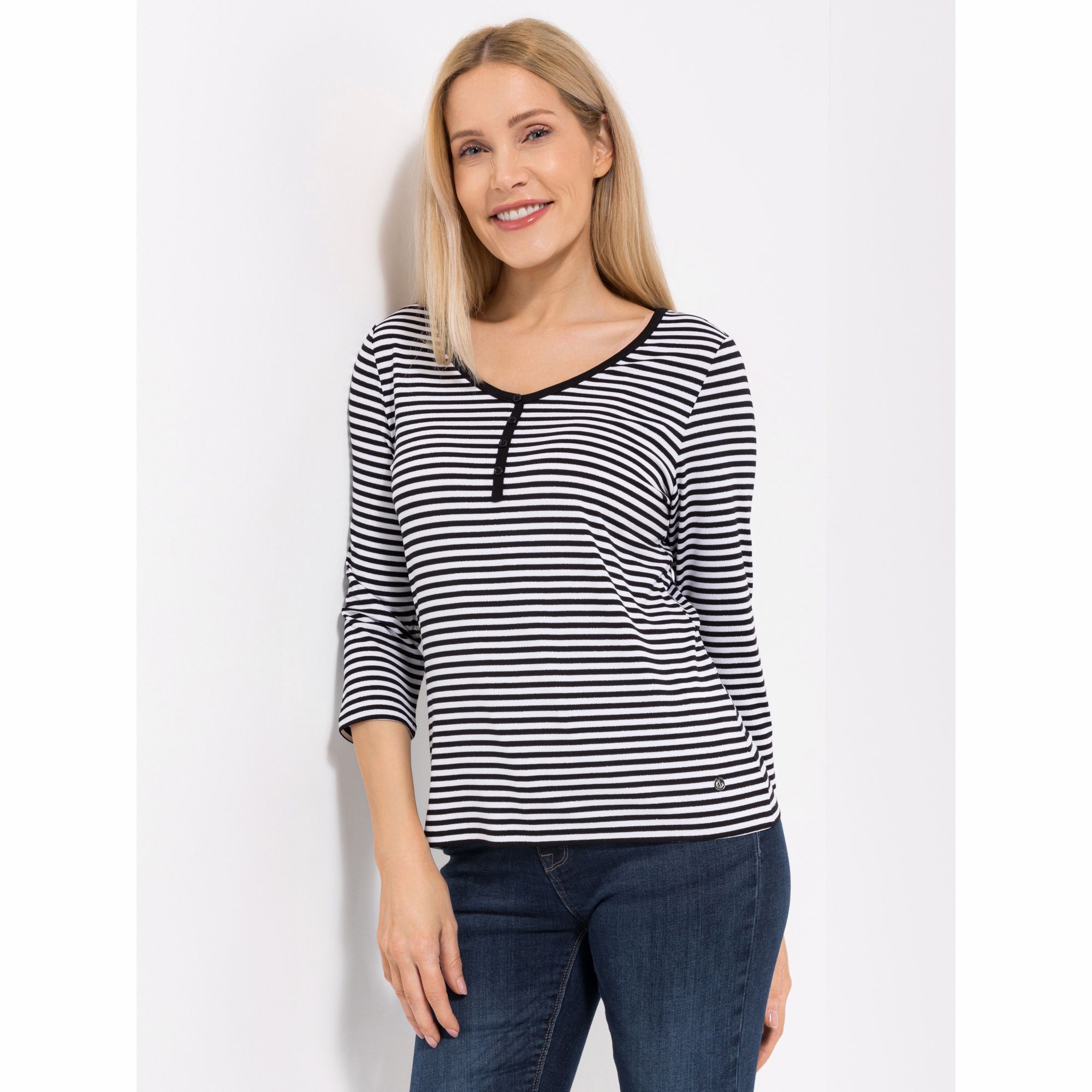 EVA LUTZ Shirt, 3/4-Arm V-Ausschnitt mit Kontrastpaspel figurumspielend