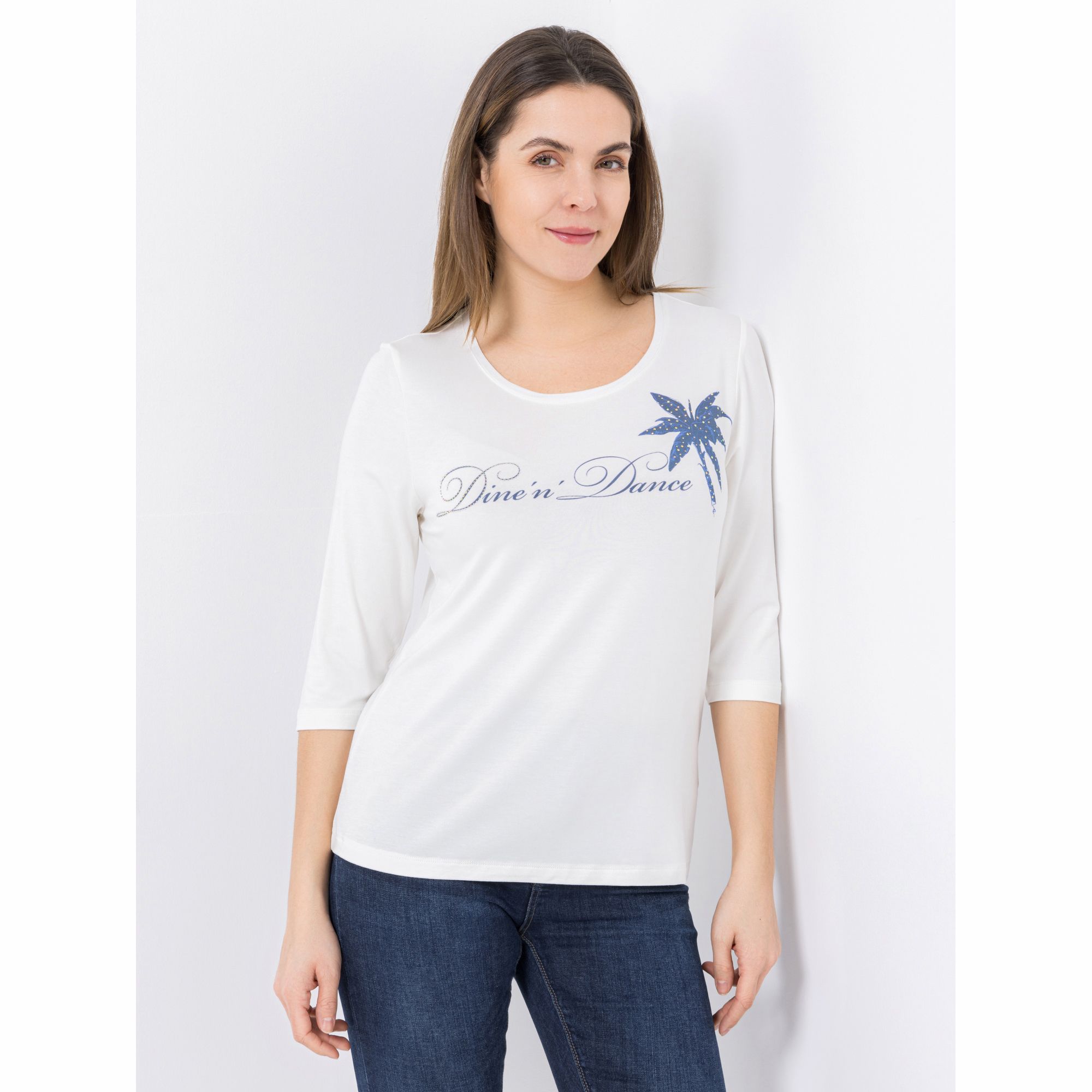DINE 'N' DANCE Shirt, 3/4-Arm Logo-Druck Strassdekoration figurumspielend