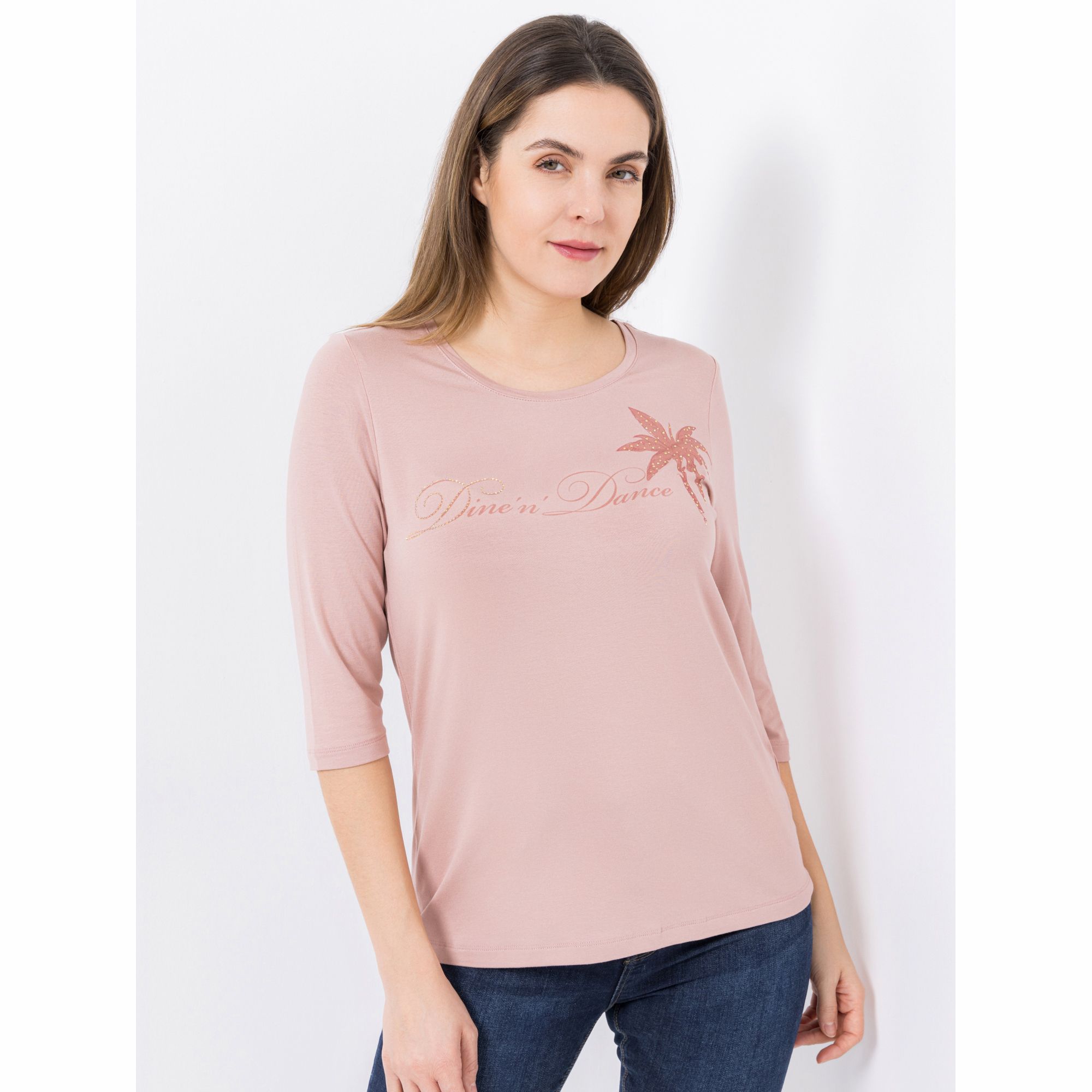 DINE 'N' DANCE Shirt, 3/4-Arm Logo-Druck Strassdekoration figurumspielend