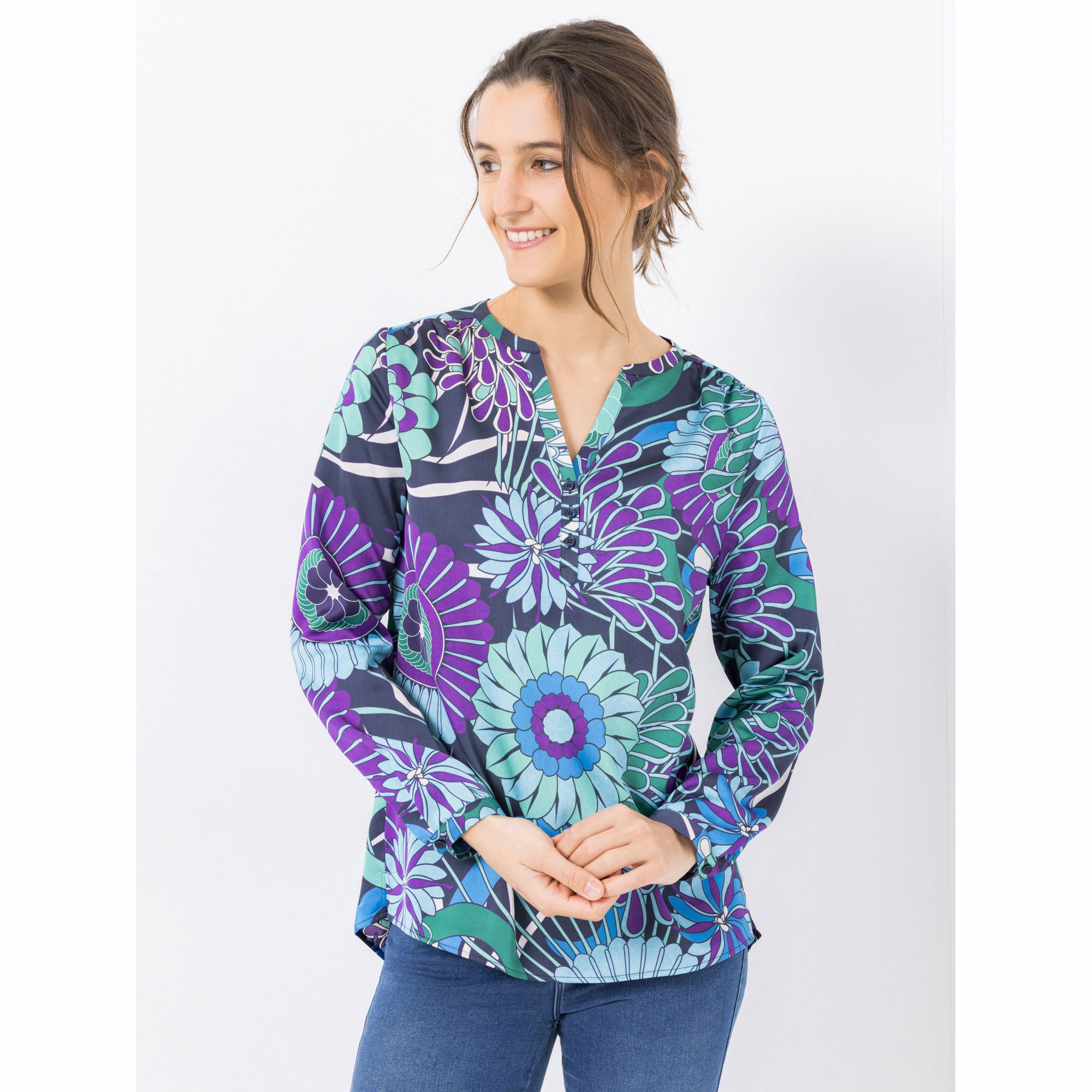 ANNI FOR FRIENDS Bluse Anna Serafino-Ausschnitt Allover-Druck leger weit