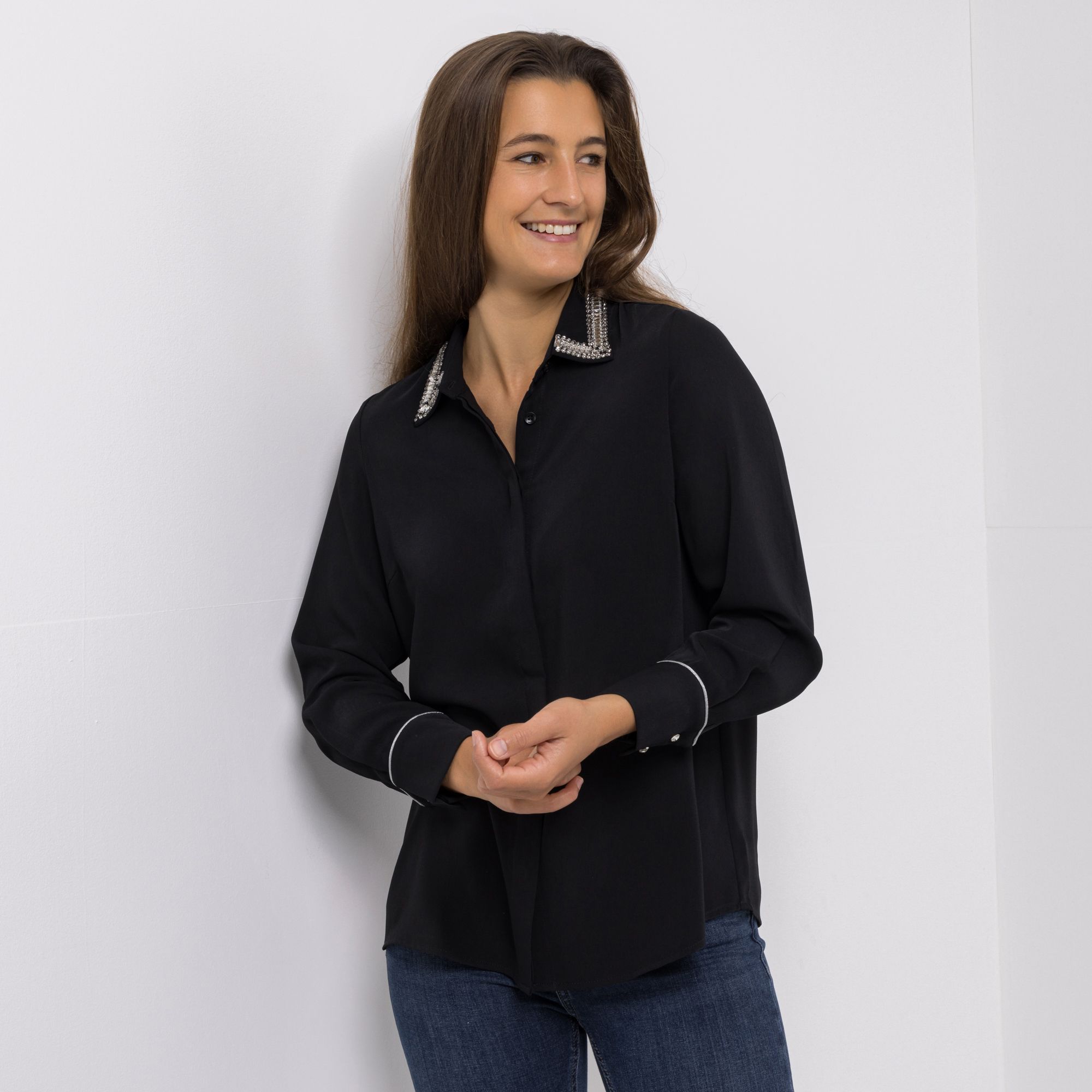 KILIAN KERNER SENSES Bluse, Langarm Strass-Details Silberpaspel figurumspielend