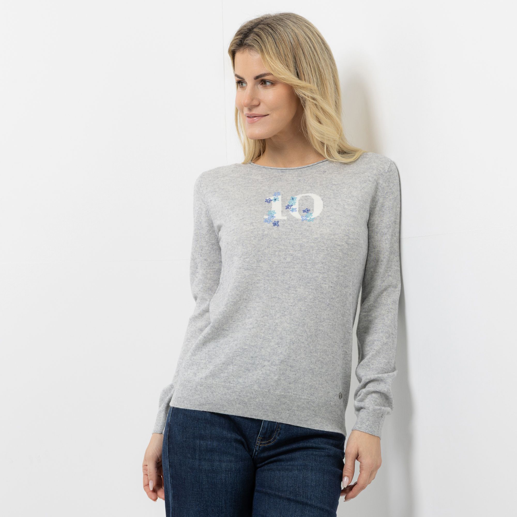 STRANDFEIN Pullover Rundhalsausschnitt Motiv-Intarsie figurumspielend