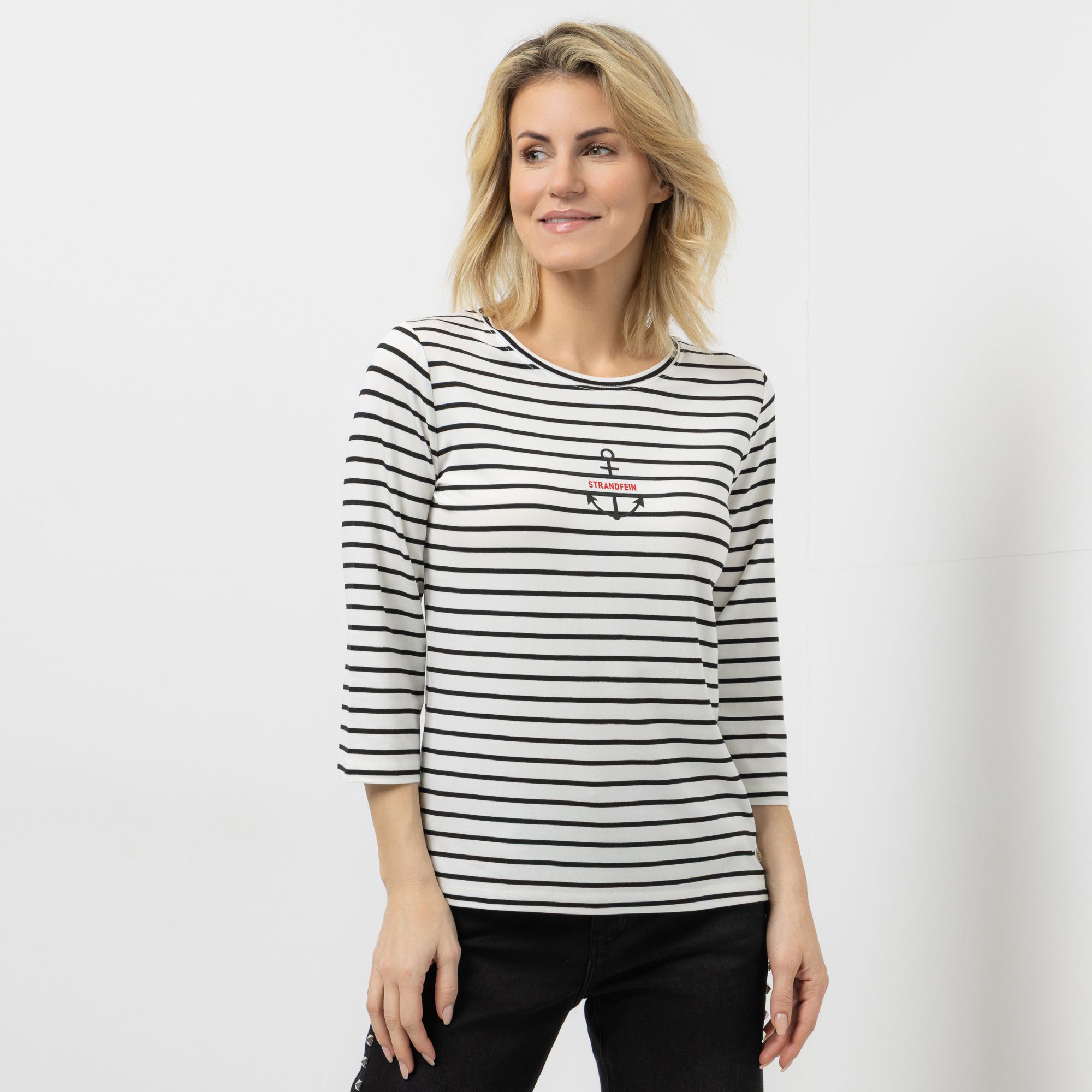 STRANDFEIN Shirt, 3/4-Arm Rundhalsausschnitt Ankerdruck vorne figurumspielend
