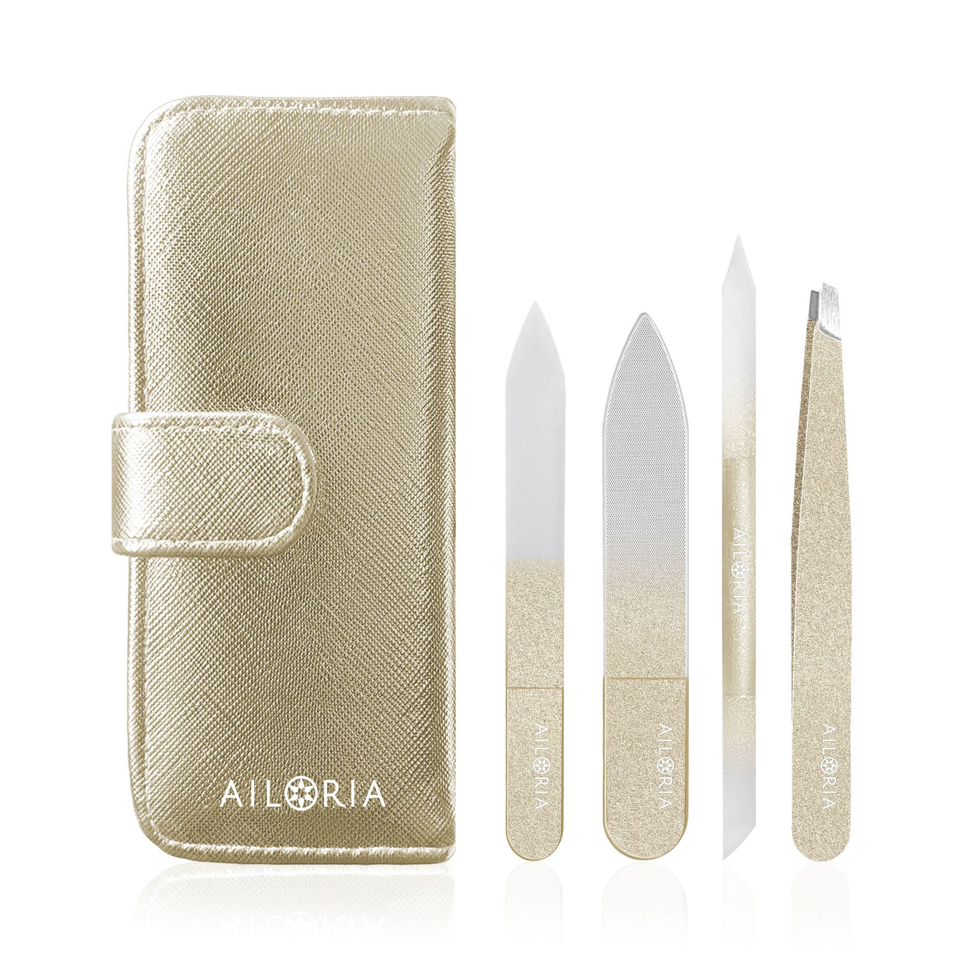 AILORIA Contour Petite Mini-Glasnagelfeilen mit Pinzette im Etui & Spiegelchen, 4tlg.