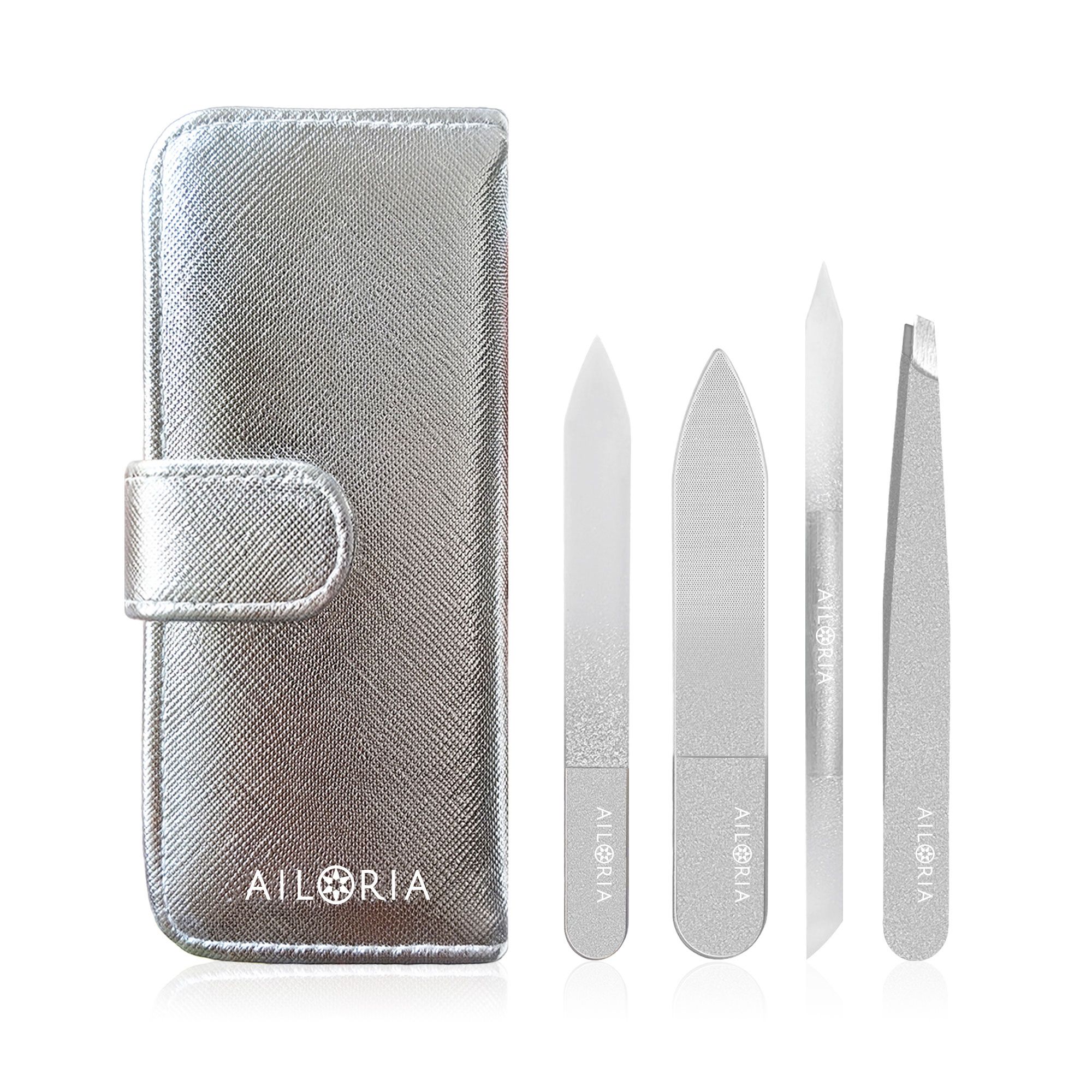 AILORIA Contour Petite Mini-Glasnagelfeilen mit Pinzette im Etui & Spiegelchen, 4tlg.
