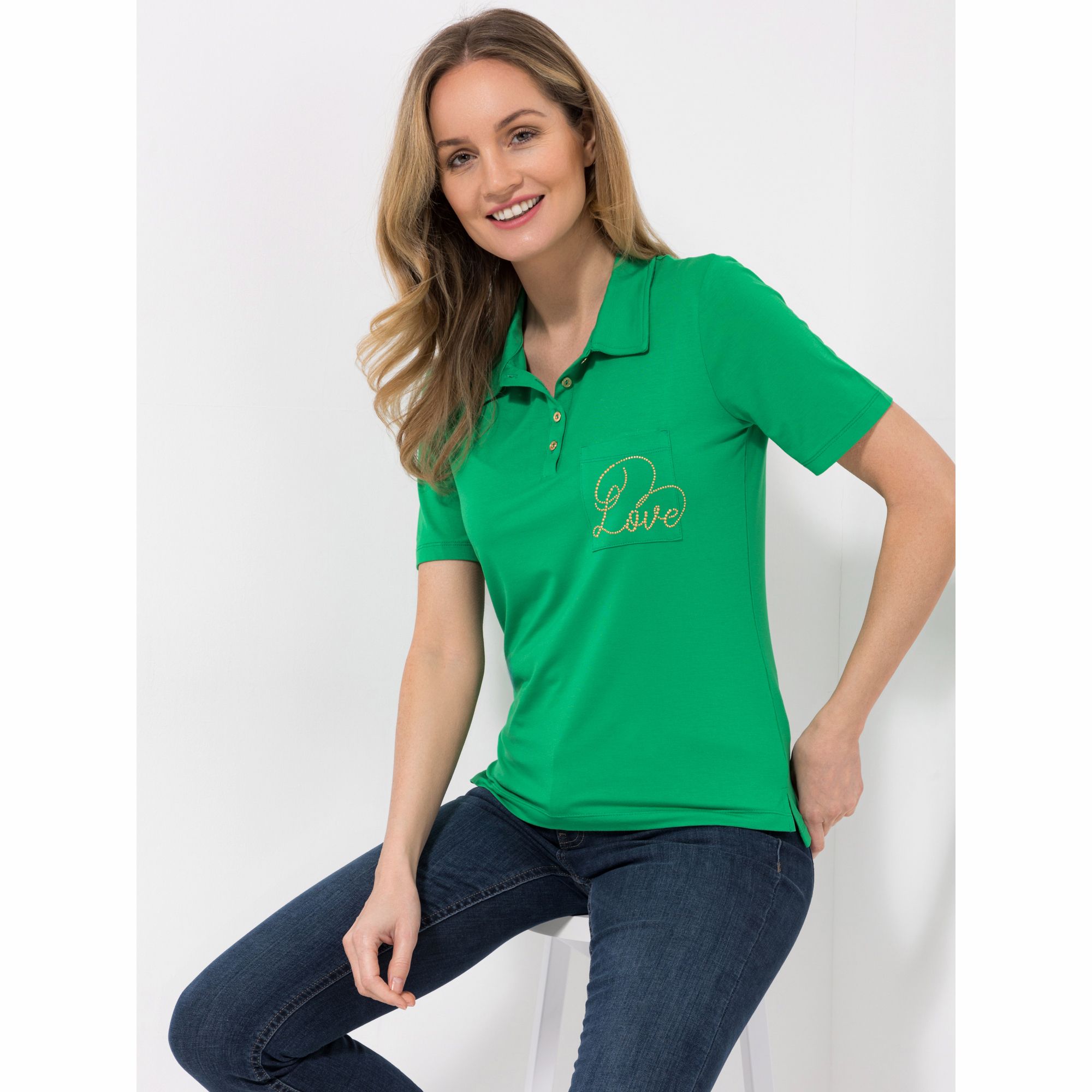 DINE 'N' DANCE Shirt, 1/2-Arm Polokragen Strass-Schriftzug figurumspielend