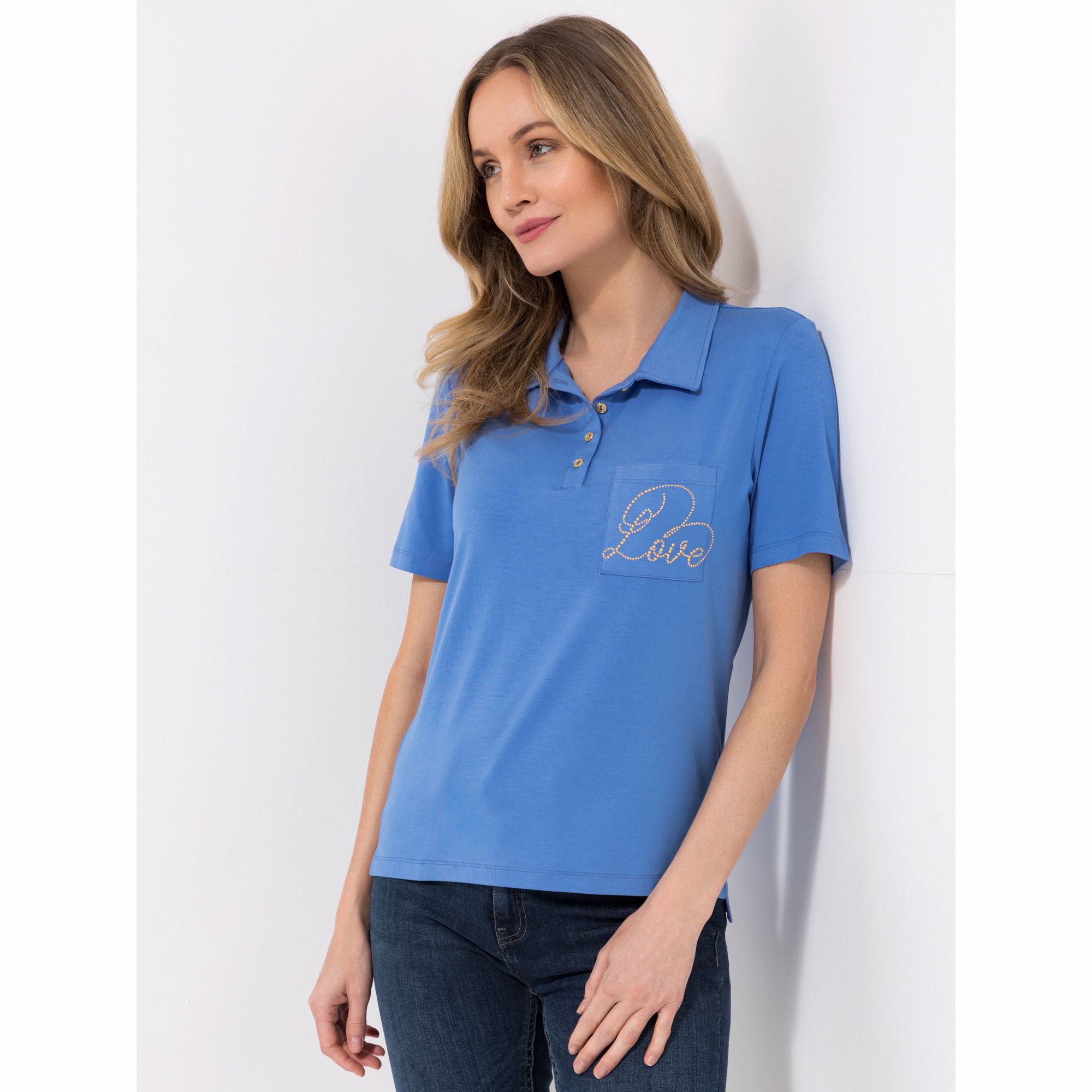 DINE 'N' DANCE Shirt, 1/2-Arm Polokragen Strass-Schriftzug figurumspielend