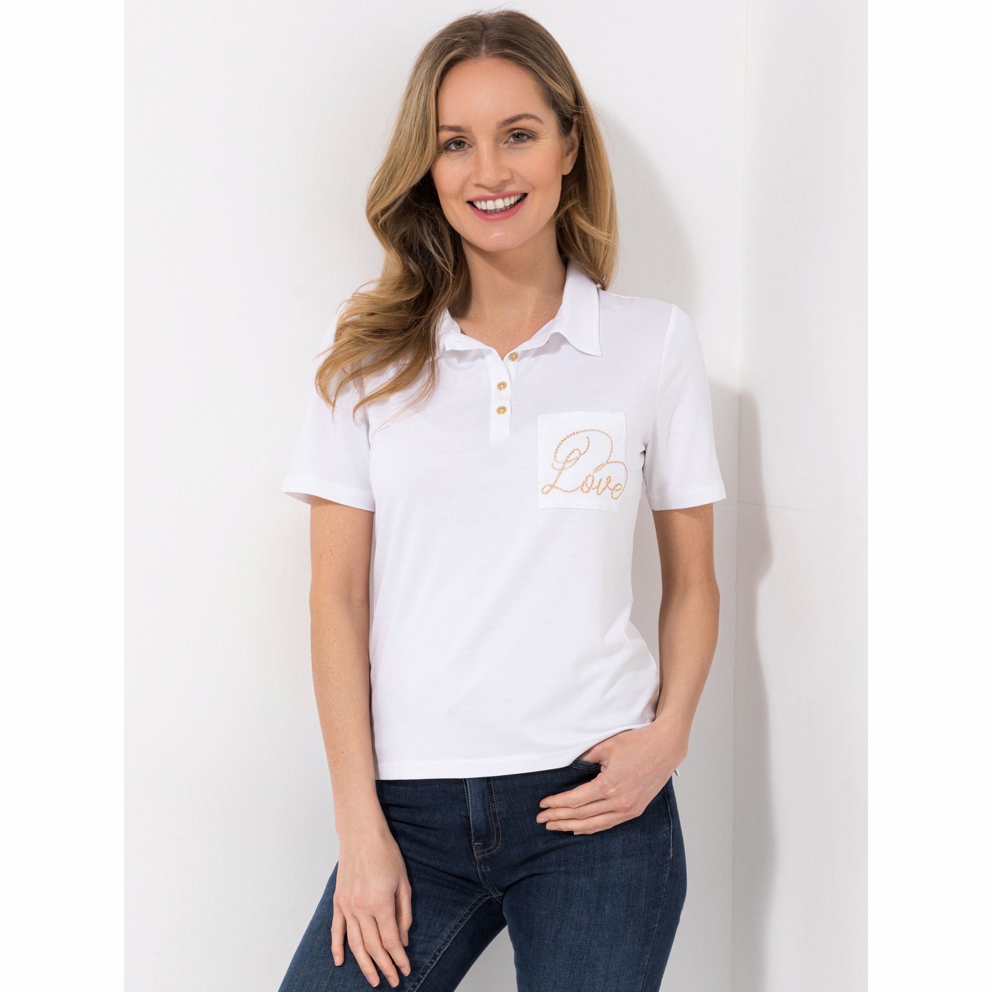 DINE 'N' DANCE Shirt, 1/2-Arm Polokragen Strass-Schriftzug figurumspielend