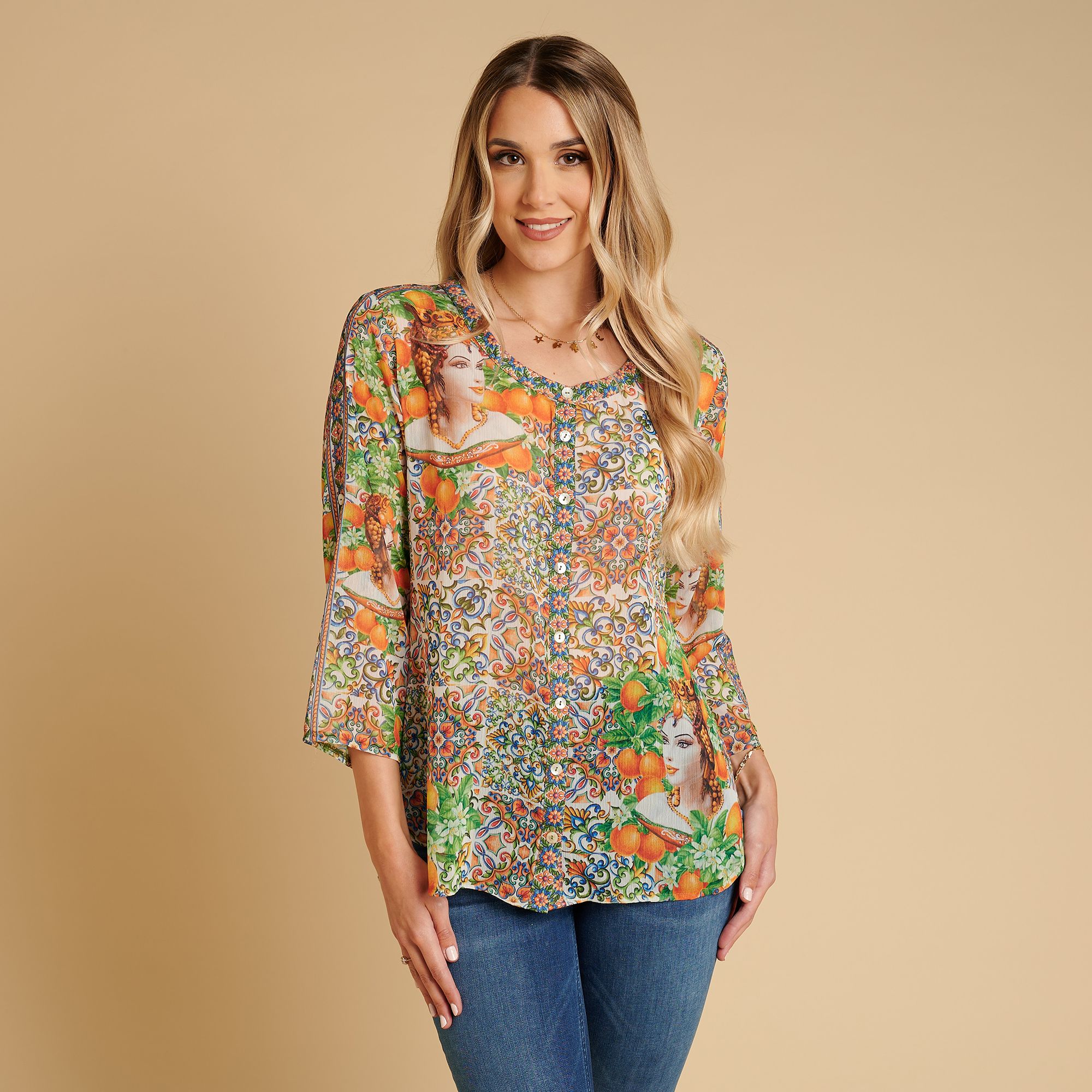 SCHIFFHAUER MUNICH® Bluse, 3/4 Arm Rundhalsausschnitt Strasssteinbesatz figurumspielend