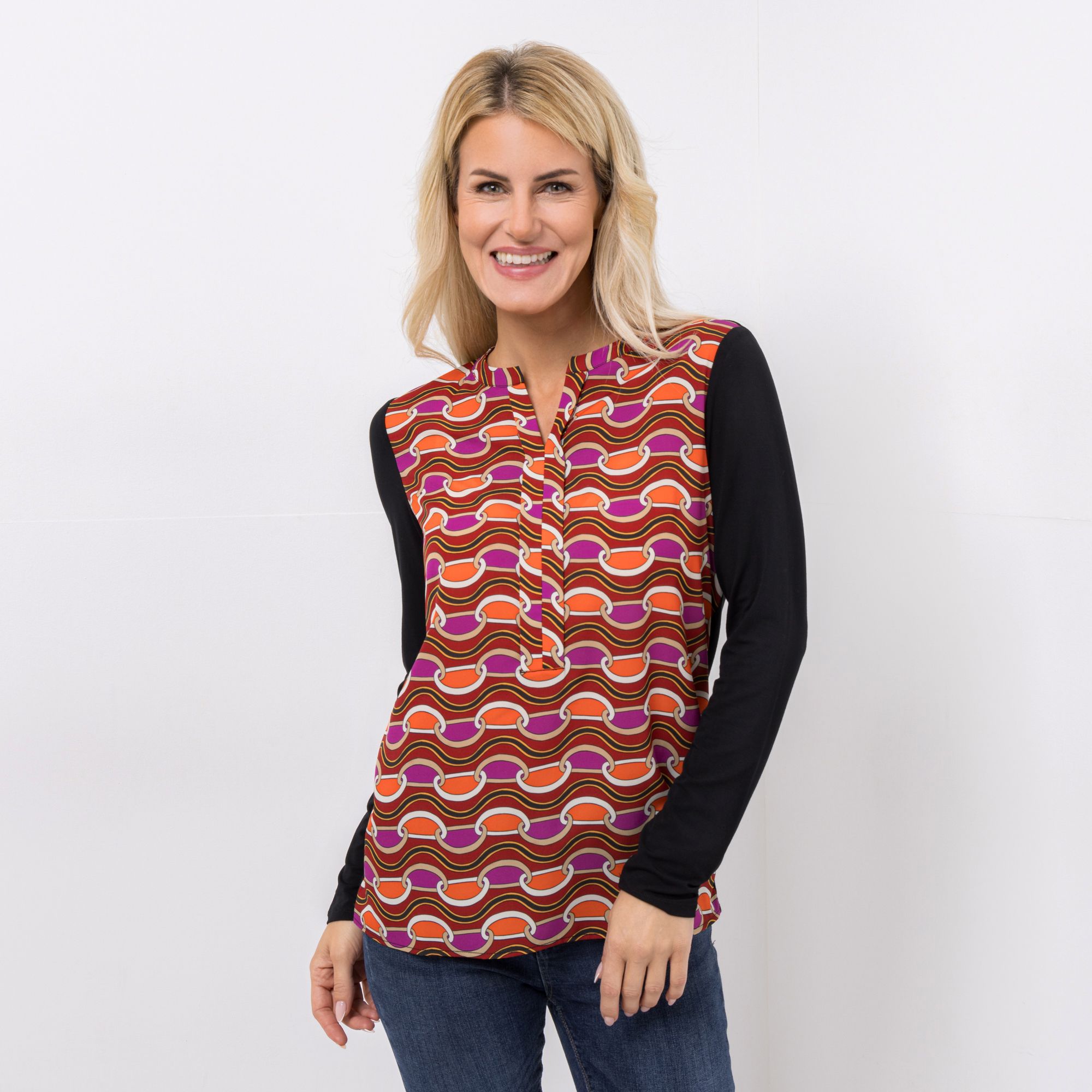 ANNI FOR FRIENDS Blusenshirt Abby Zierausschnitt Materialmix figurumspielend