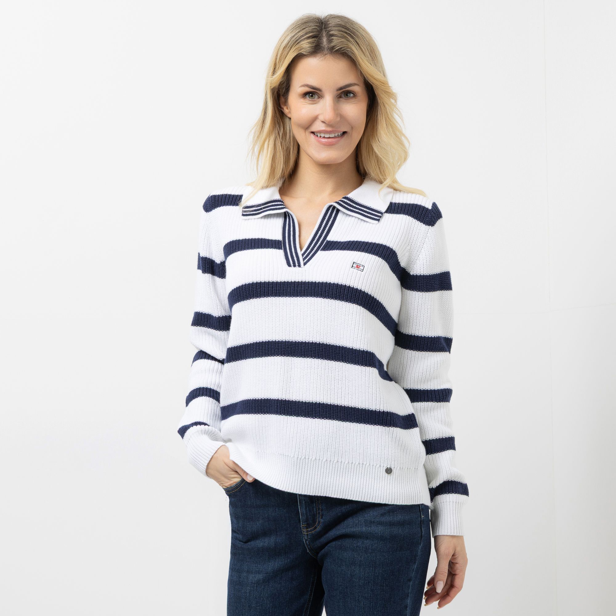 STRANDFEIN Pullover V-Ausschnitt Polo-Kragen figurumspielend