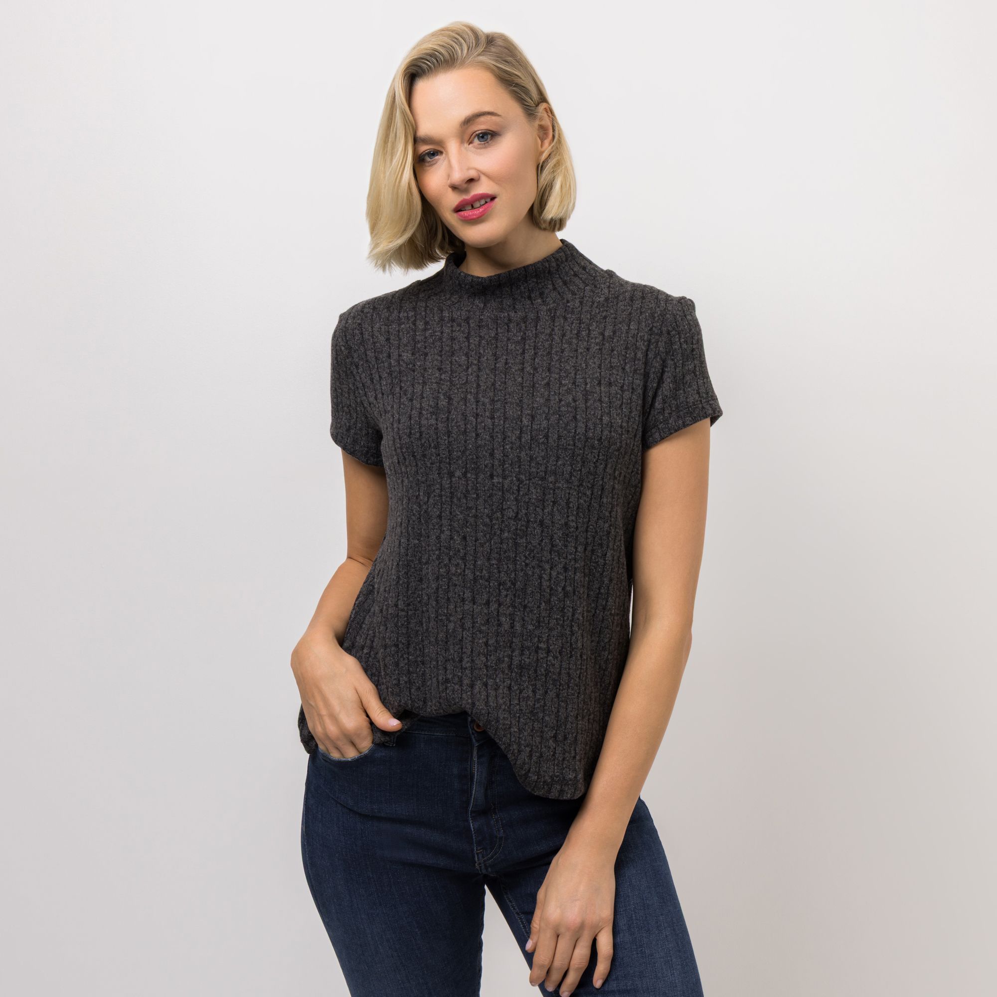 KIM & CO. Shirt, 1/2-Arm Zopfstrick-Jersey Stehkragen figurumspielend