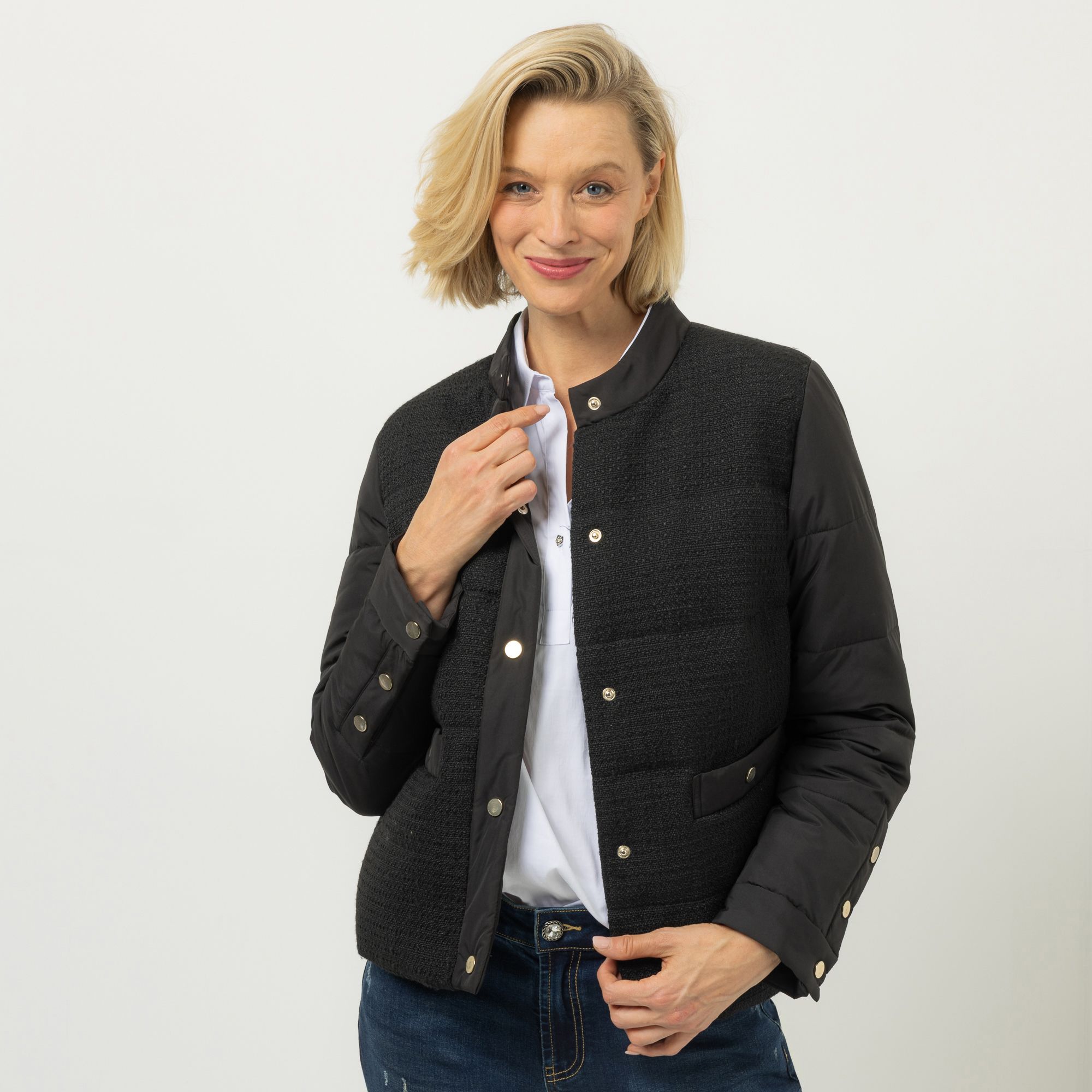 DINE 'N' DANCE Steppjacke Stehkragen Tweed-Einsatz figurumspielend