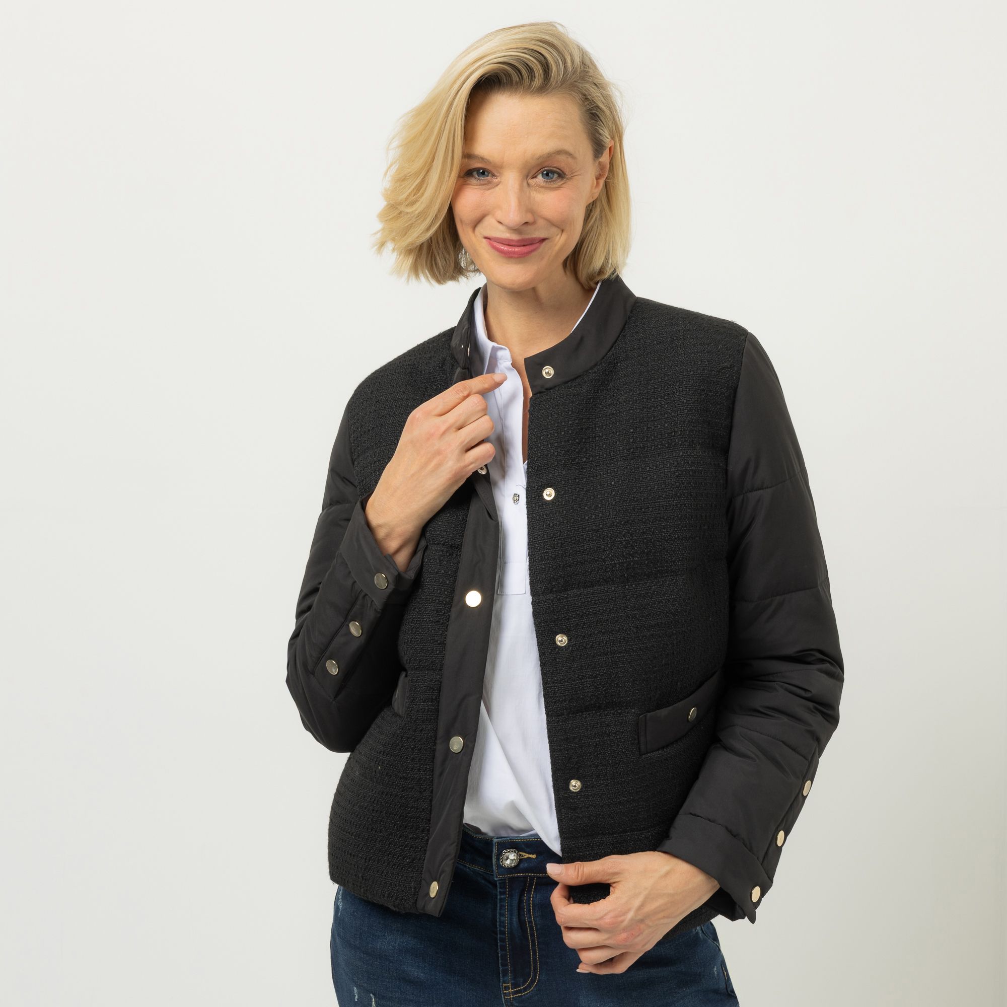 DINE 'N' DANCE Steppjacke Stehkragen Tweed-Einsatz figurumspielend