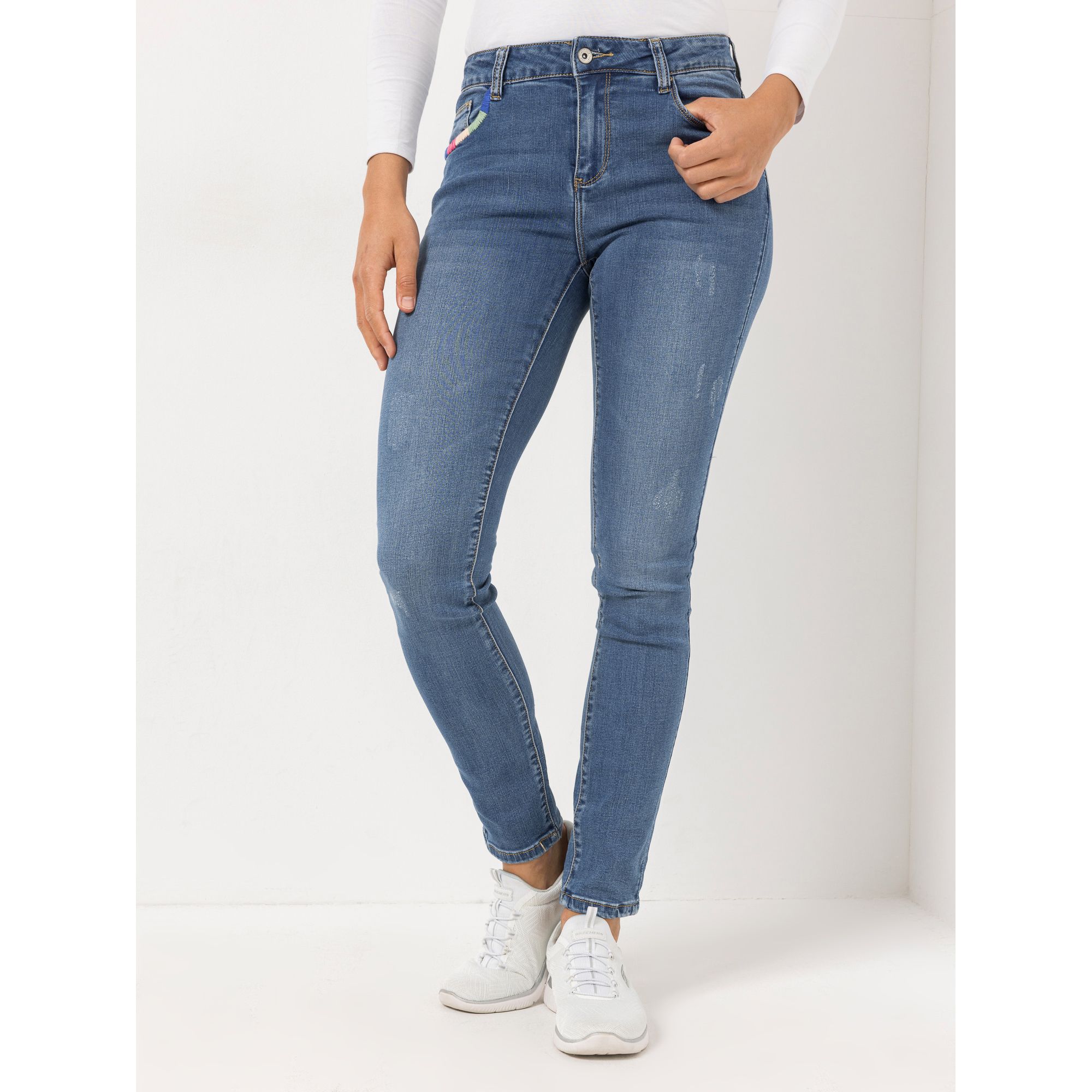 DINE 'N' DANCE Jeanshose Salsa mit Umschlag mit Stickereien schmales Bein