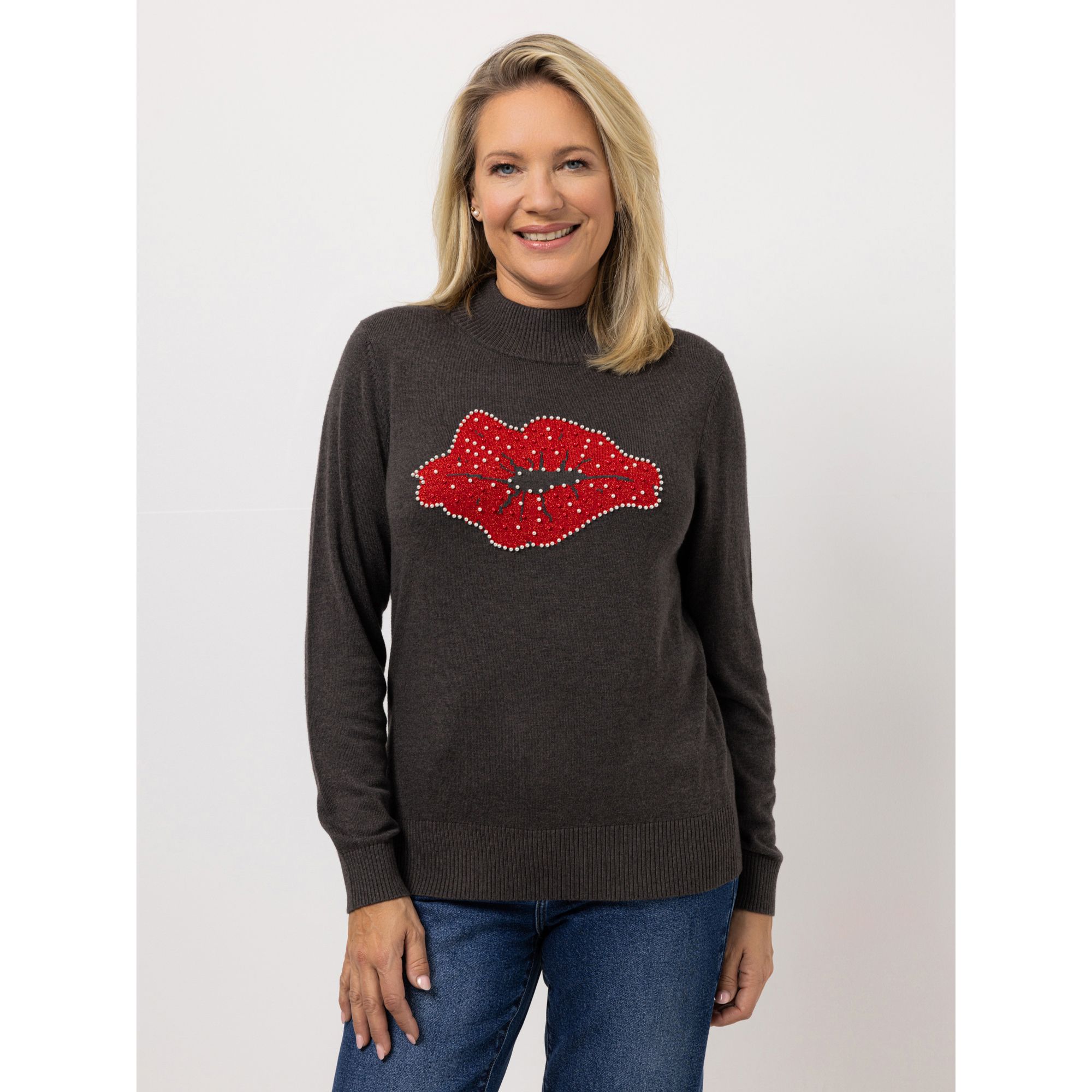 KILIAN KERNER SENSES Pullover, Langarm kurzer Stehkragen Kuss mit Perlen figurumspielend