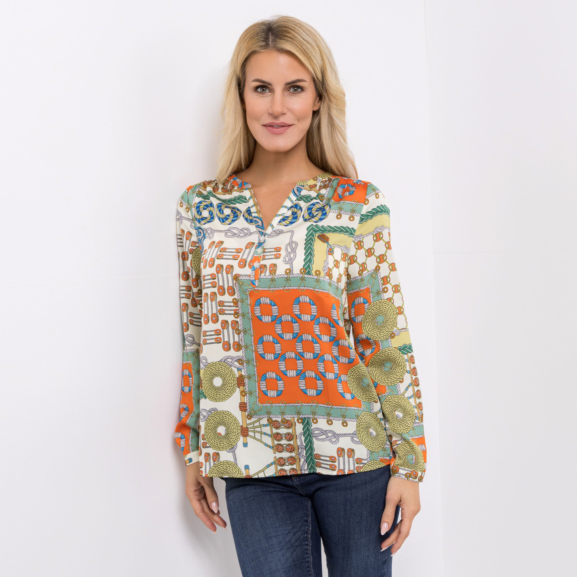 ANNI FOR FRIENDS Bluse Anna halbe Knopfleiste Serafino-Ausschnitt leger weit