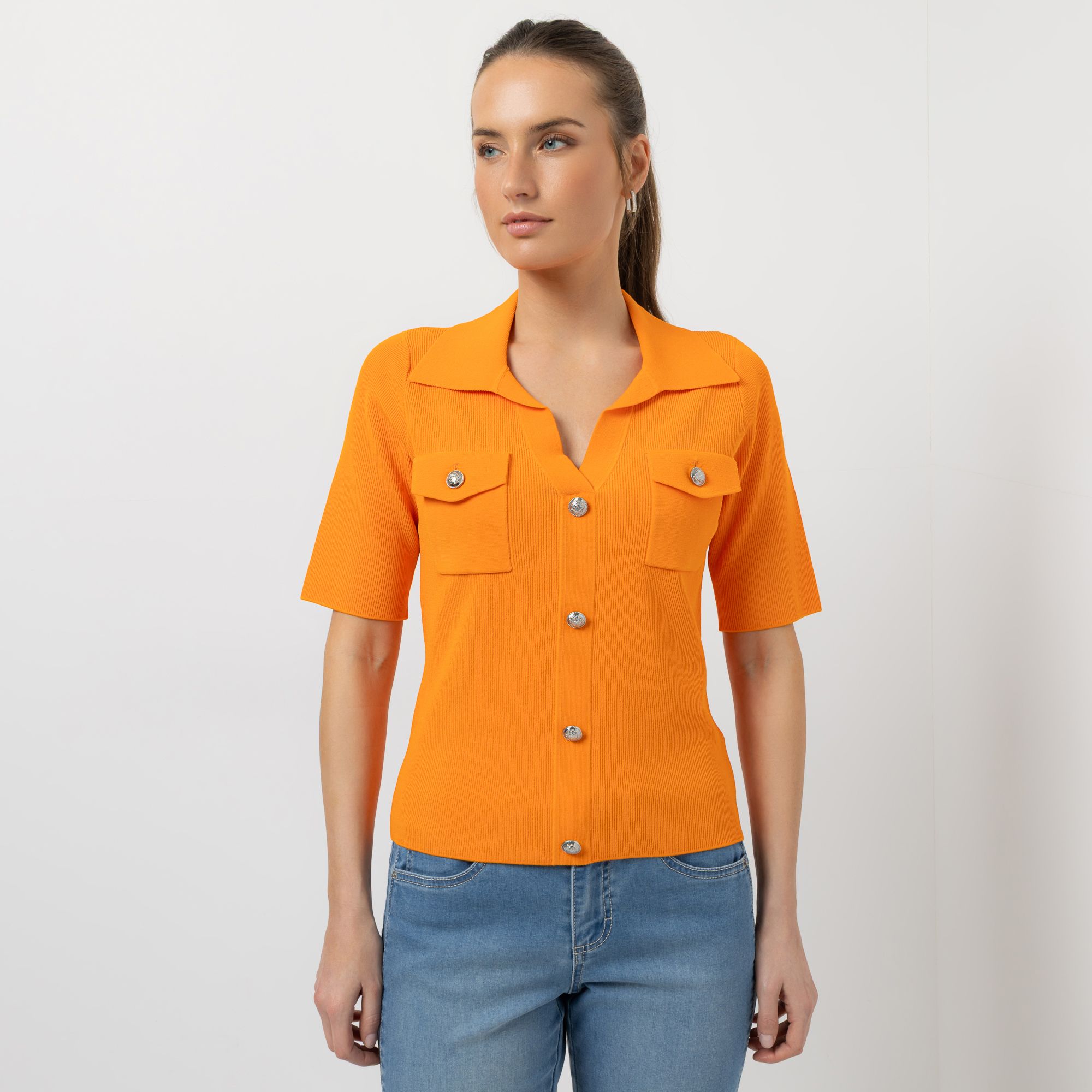 STEFFEN SCHRAUT Pullover langer Halbarm Schmuckknöpfe figurbetont