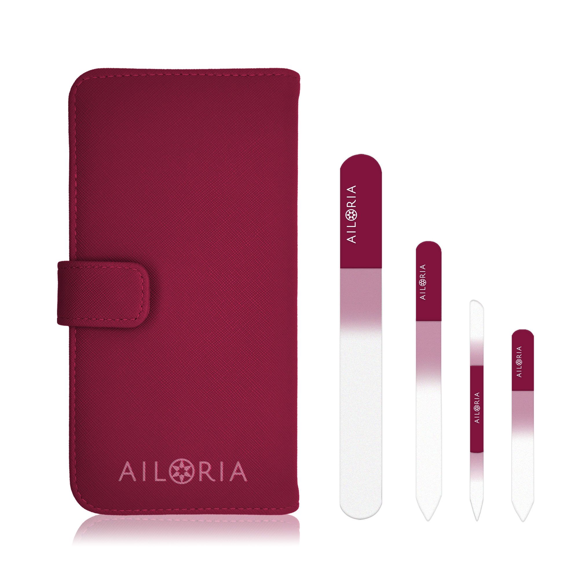 AILORIA Contour Glasnagelfeilen-Set im Etui mit Spiegel, 4 tlg.