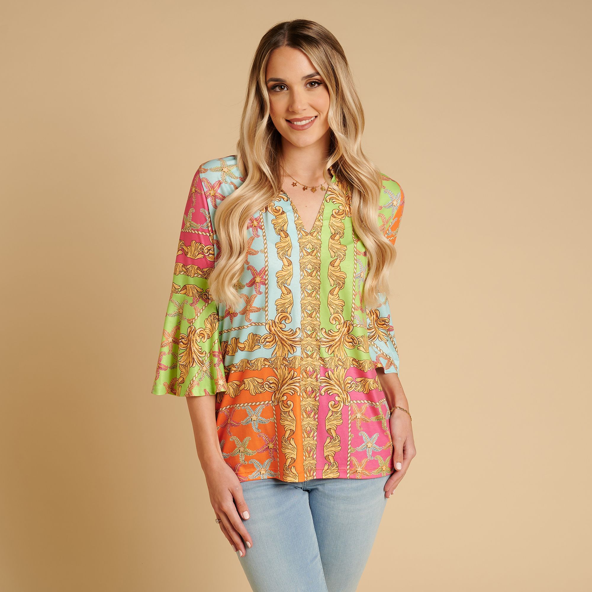 SCHIFFHAUER MUNICH® Shirt, 3/4 Arm V-Ausschnitt Volant am Ärmel figurumspielend