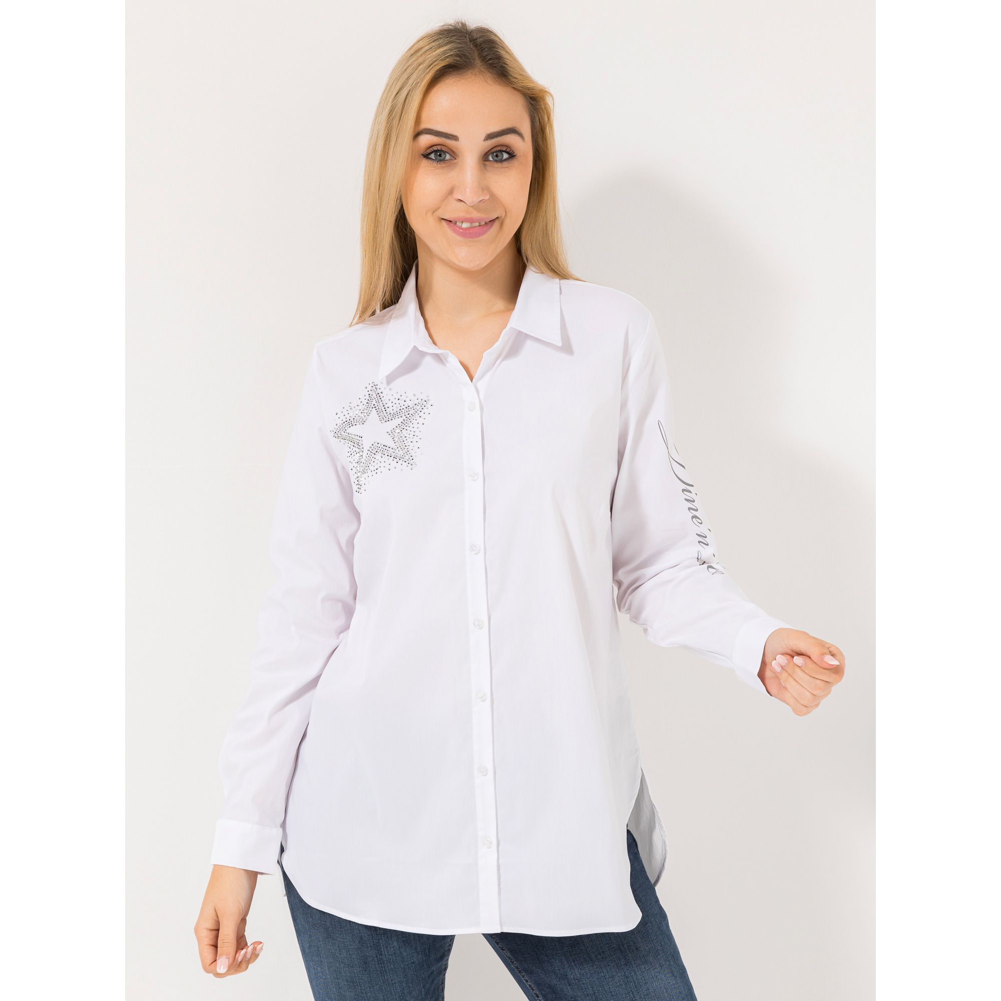 DINE 'N' DANCE Bluse, 1/1-Arm Strassdetails Logoschriftzug leger weit