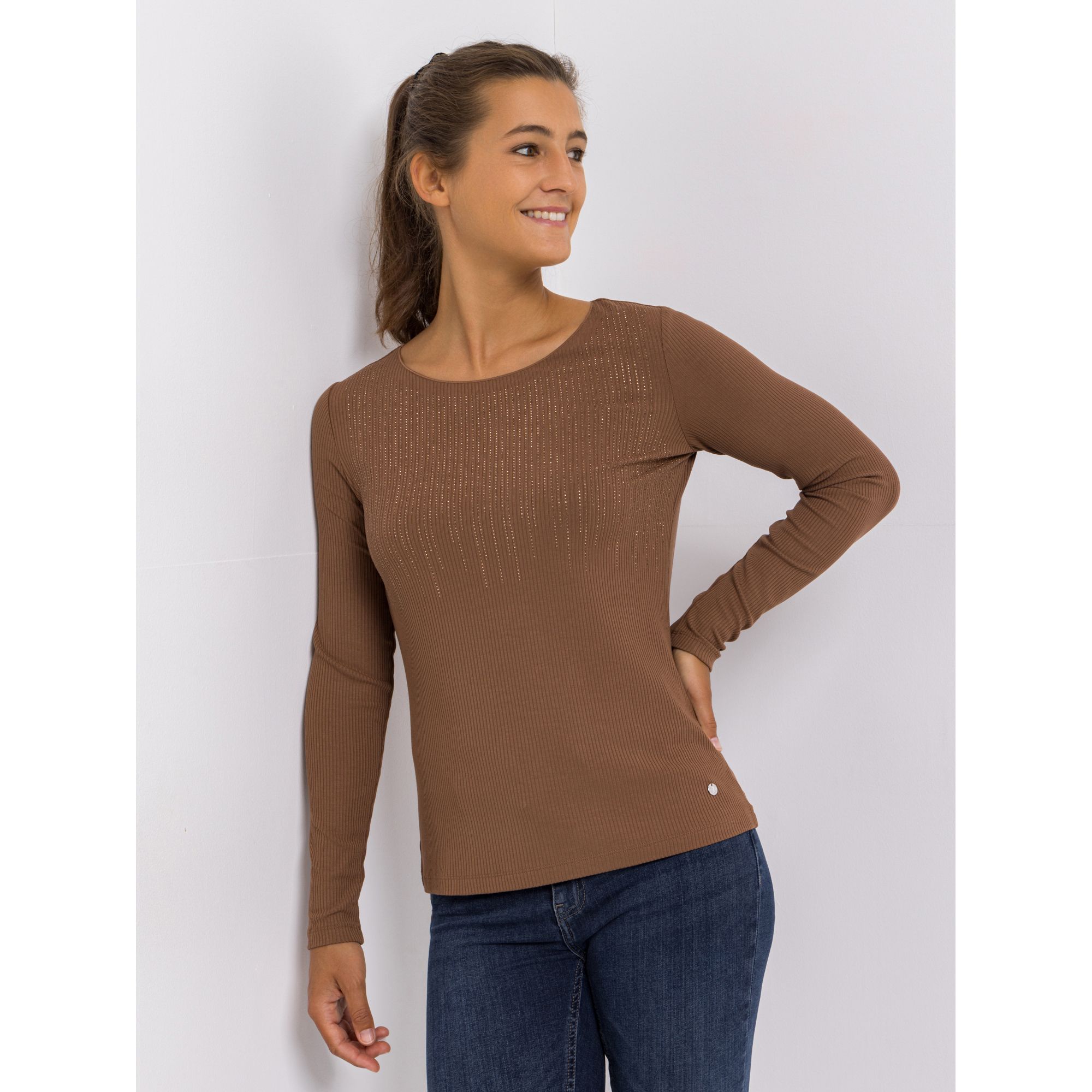 EVA LUTZ Shirt Rundhalsausschnitt Strass-Details figurbetont