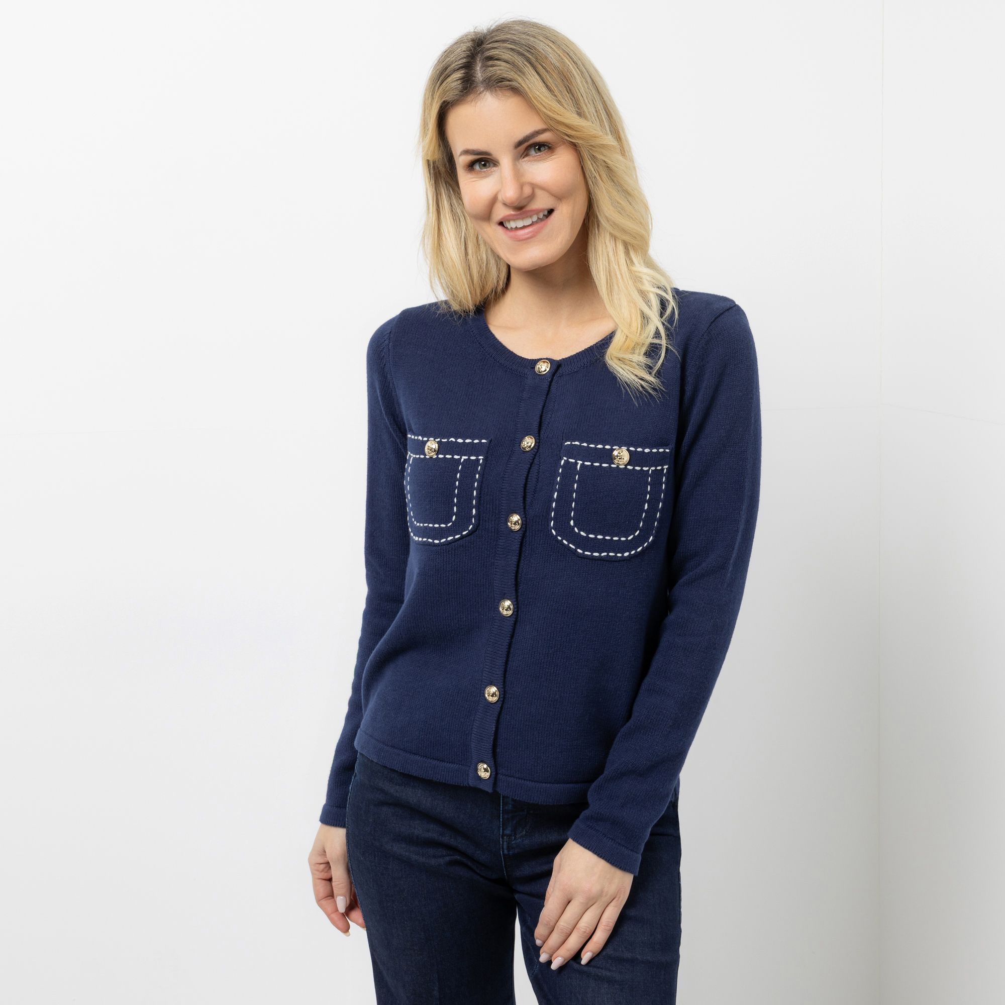 STRANDFEIN Cardigan 1/1-Arm Rundhalsausschnitt goldene Zierknöpfe figurumspielend