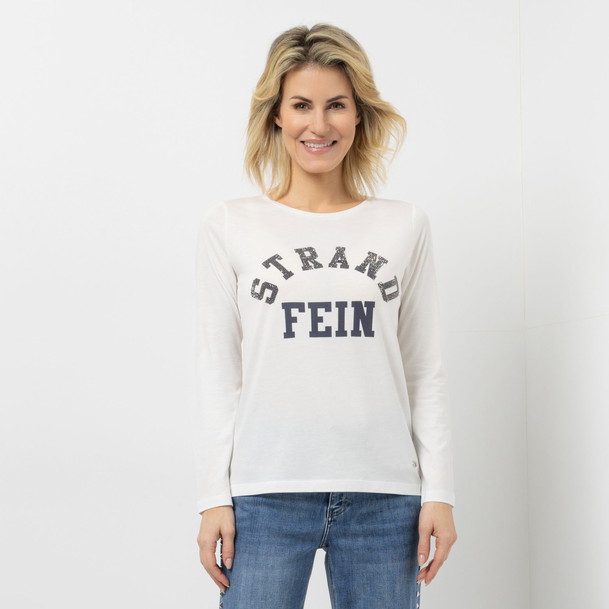 STRANDFEIN Shirt, 1/1-Arm Rundhalsausschnitt Strass-Details figurumspielend